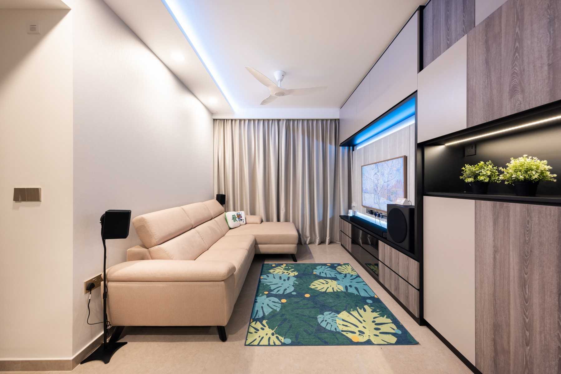 Transitional Living Room with Feature Wall and Carpet