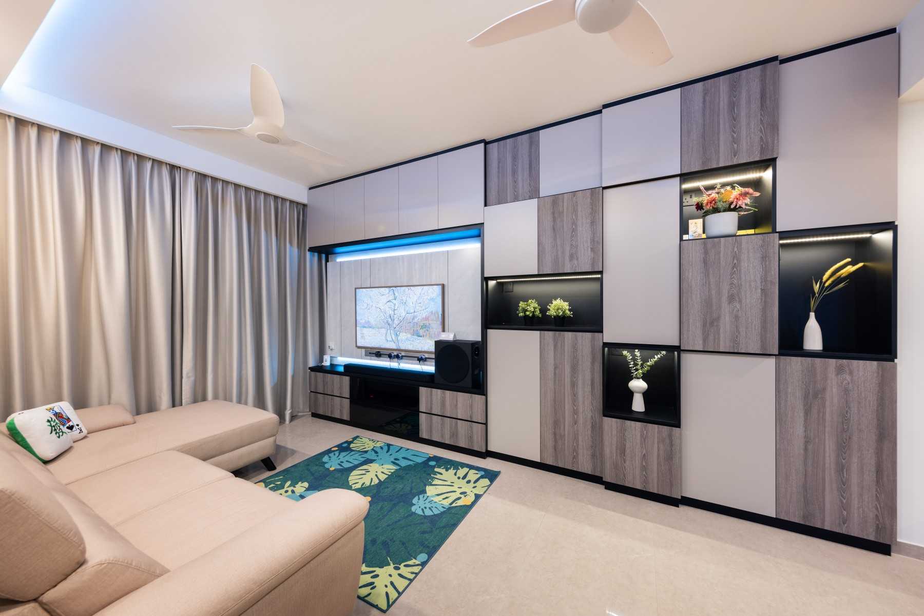 Transitional Living Room with Feature Wall and Curtain