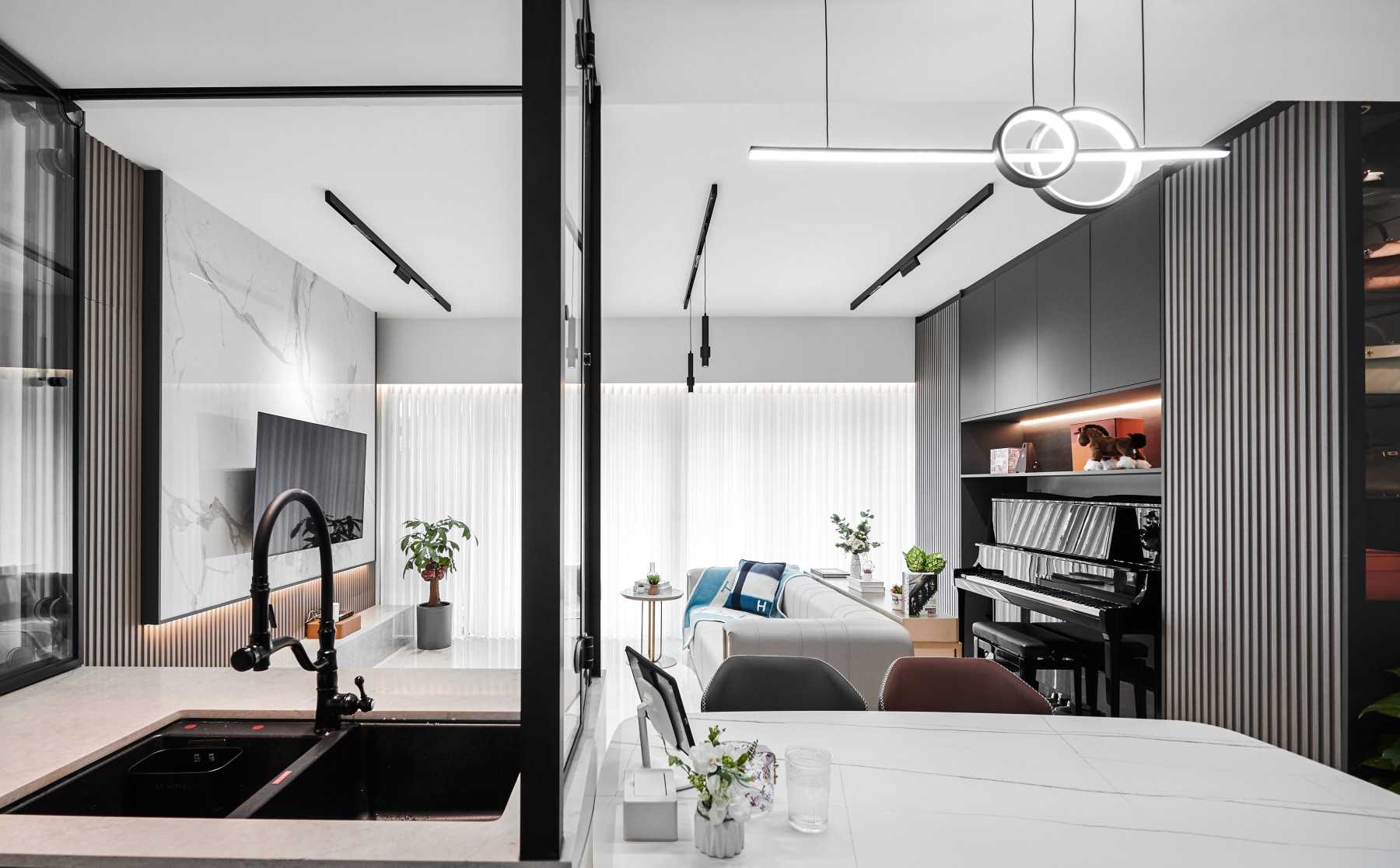 Contemporary Living Room with Dining Table and Dining Chairs
