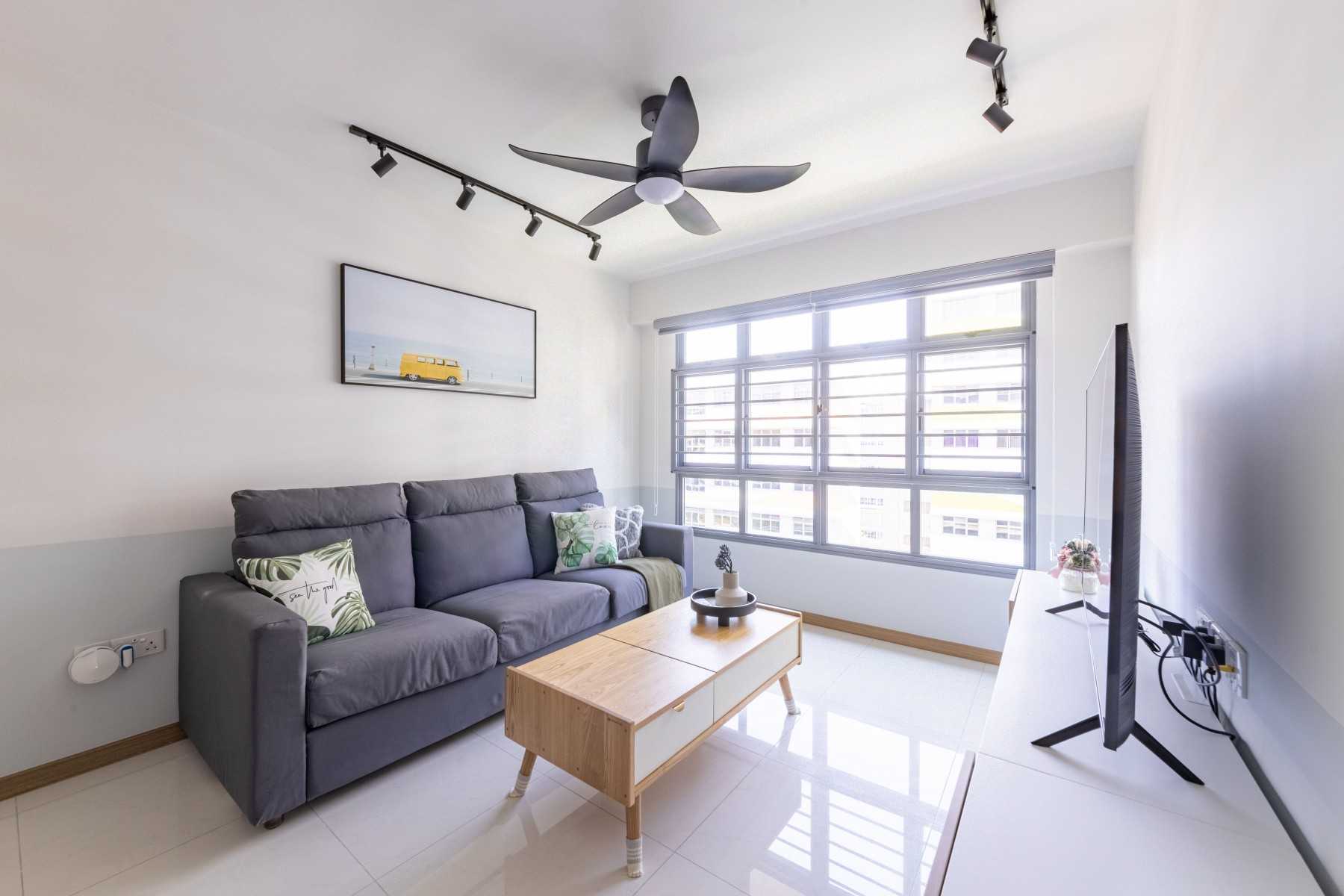 Minimalist Living Room with Homogeneous Tiles and Sofa