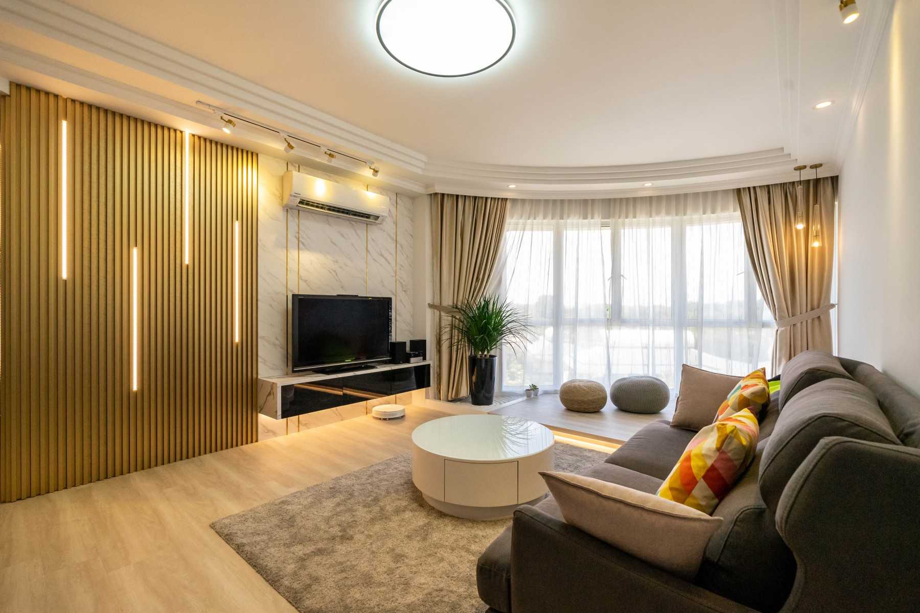 Contemporary Living Room with Vinyl Flooring and TV Console