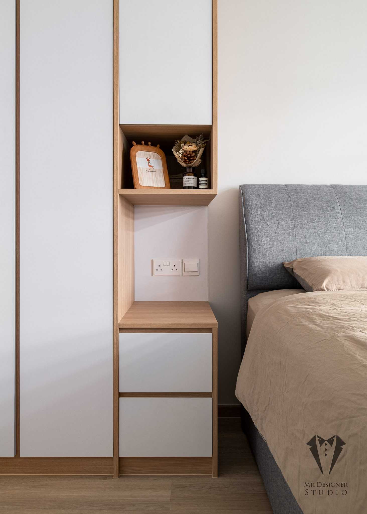 Scandinavian Bedroom with Bookshelf and Platform Bed