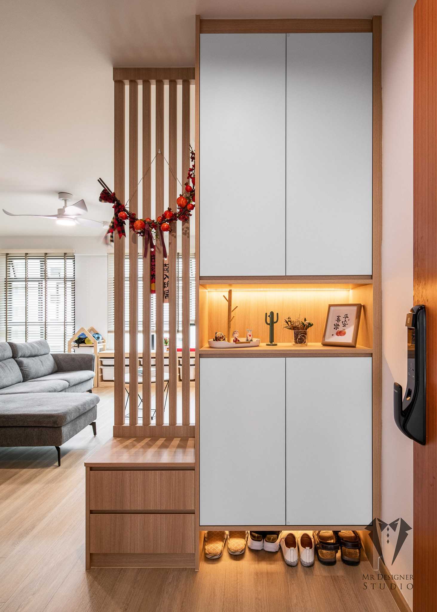 Scandinavian Entryway with Seating Bench and Shoe Rack