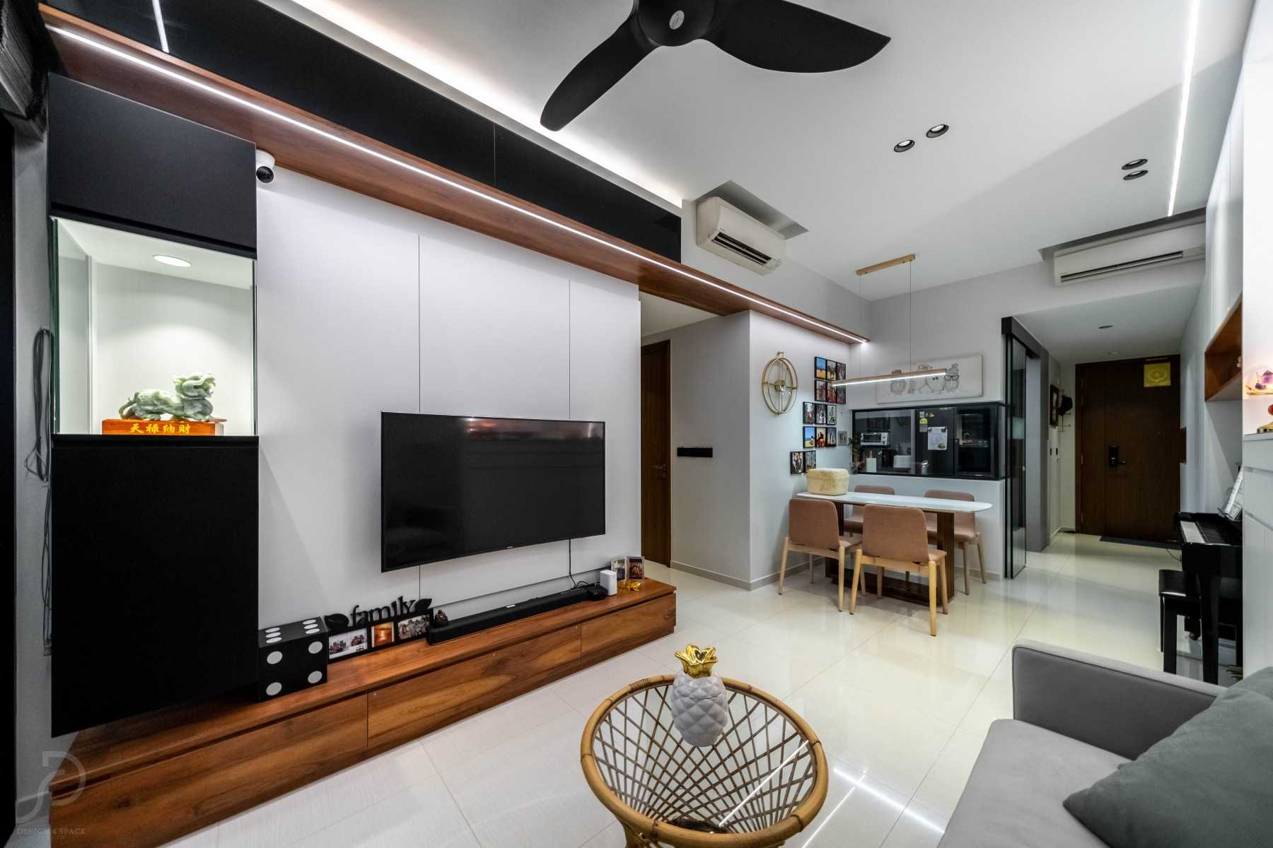 Modern Living Room with Homogeneous Tiles and TV Console