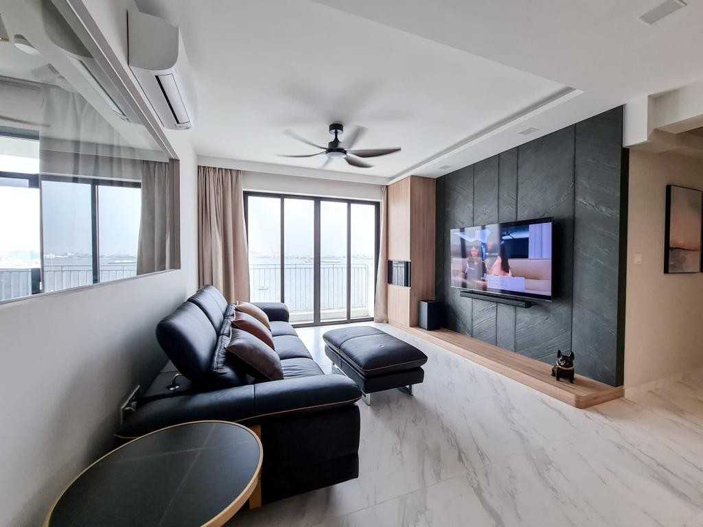 Contemporary Living Room with Homogeneous Tiles and TV Console