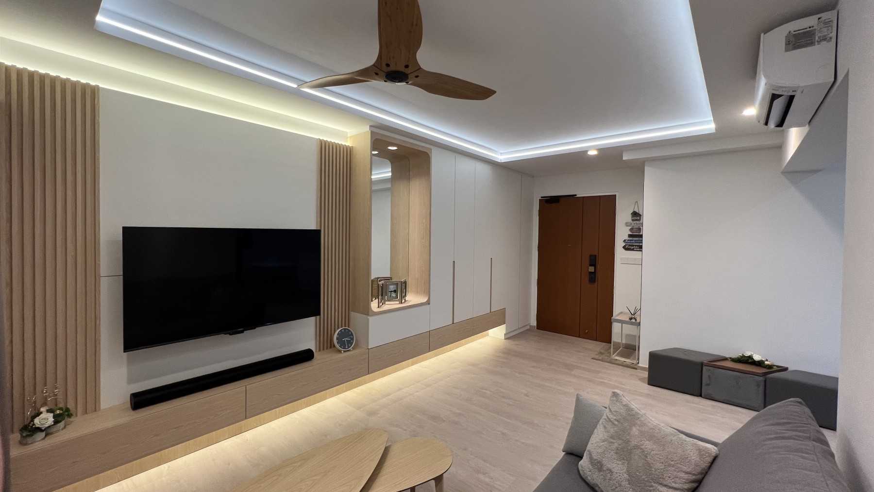 Scandinavian Living Room with Vinyl Flooring and TV Console