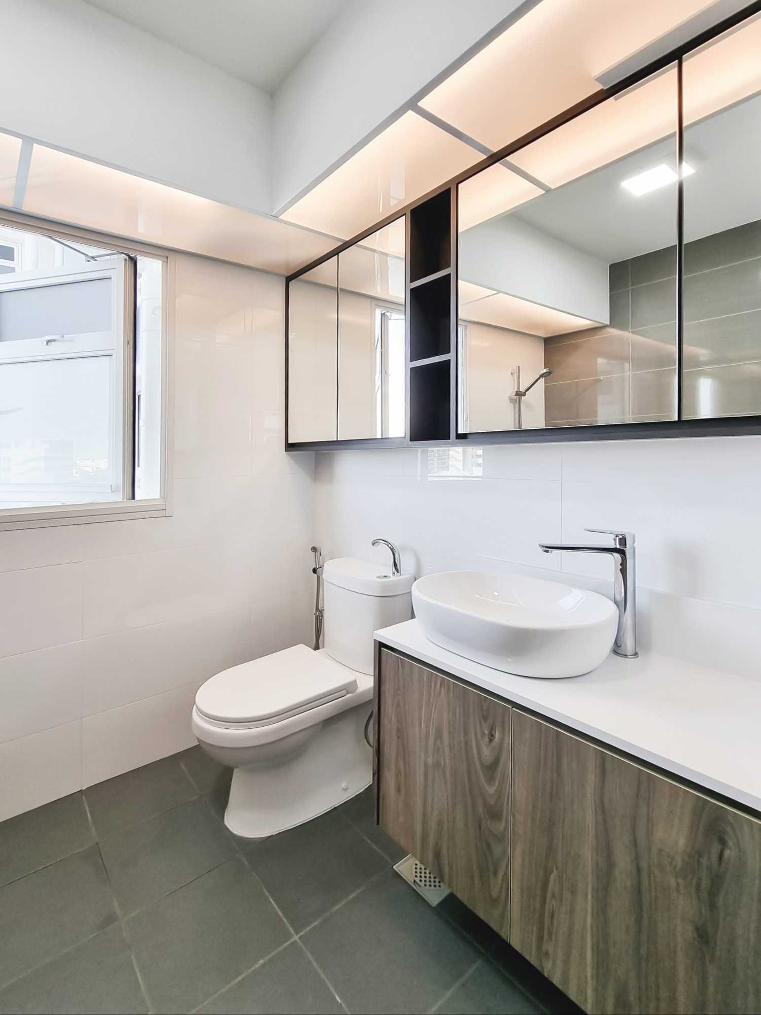 Modern Bathroom with Window Grille and Storage Cabinets