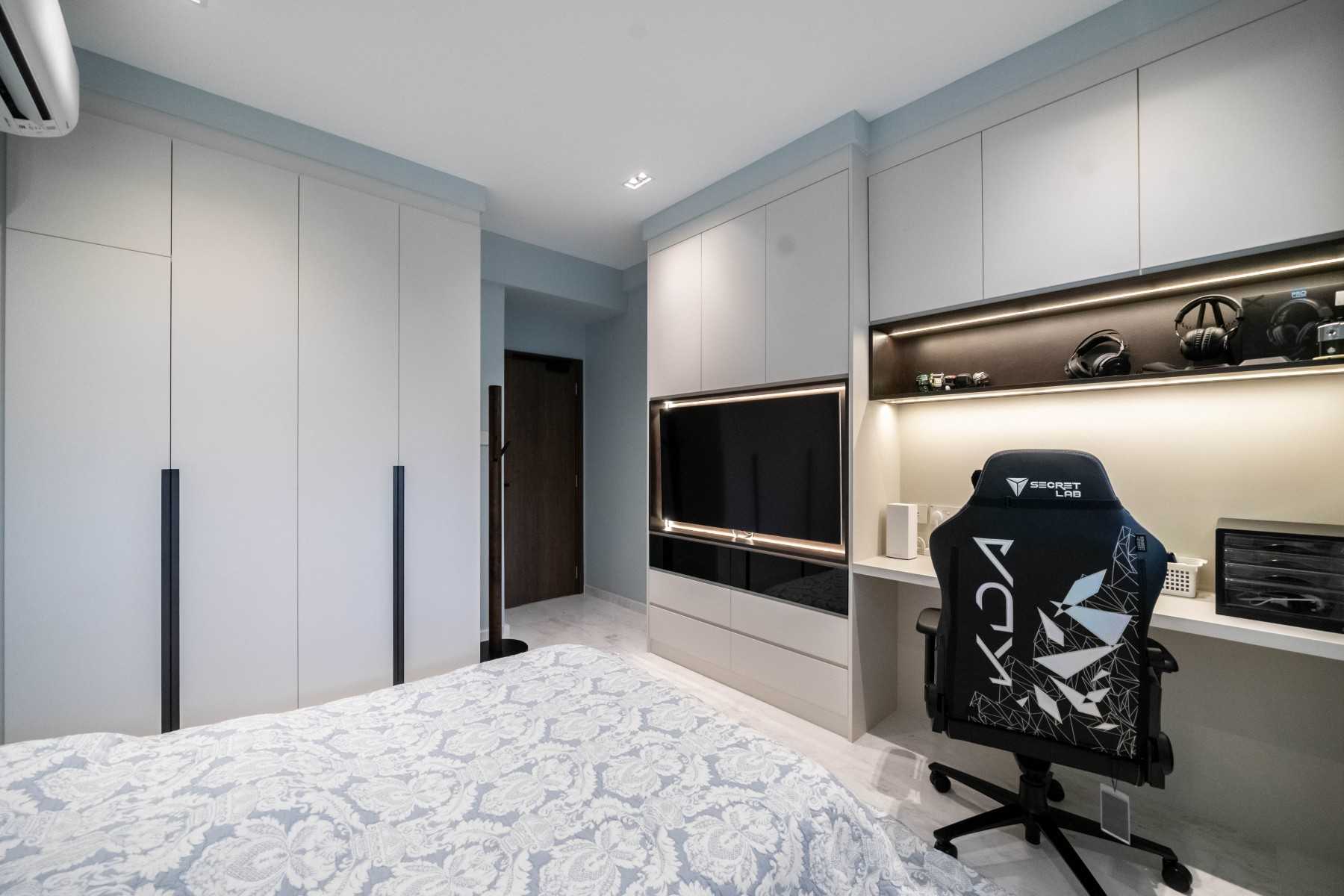 Contemporary Bedroom with Cove Lighting and Drop Ceiling