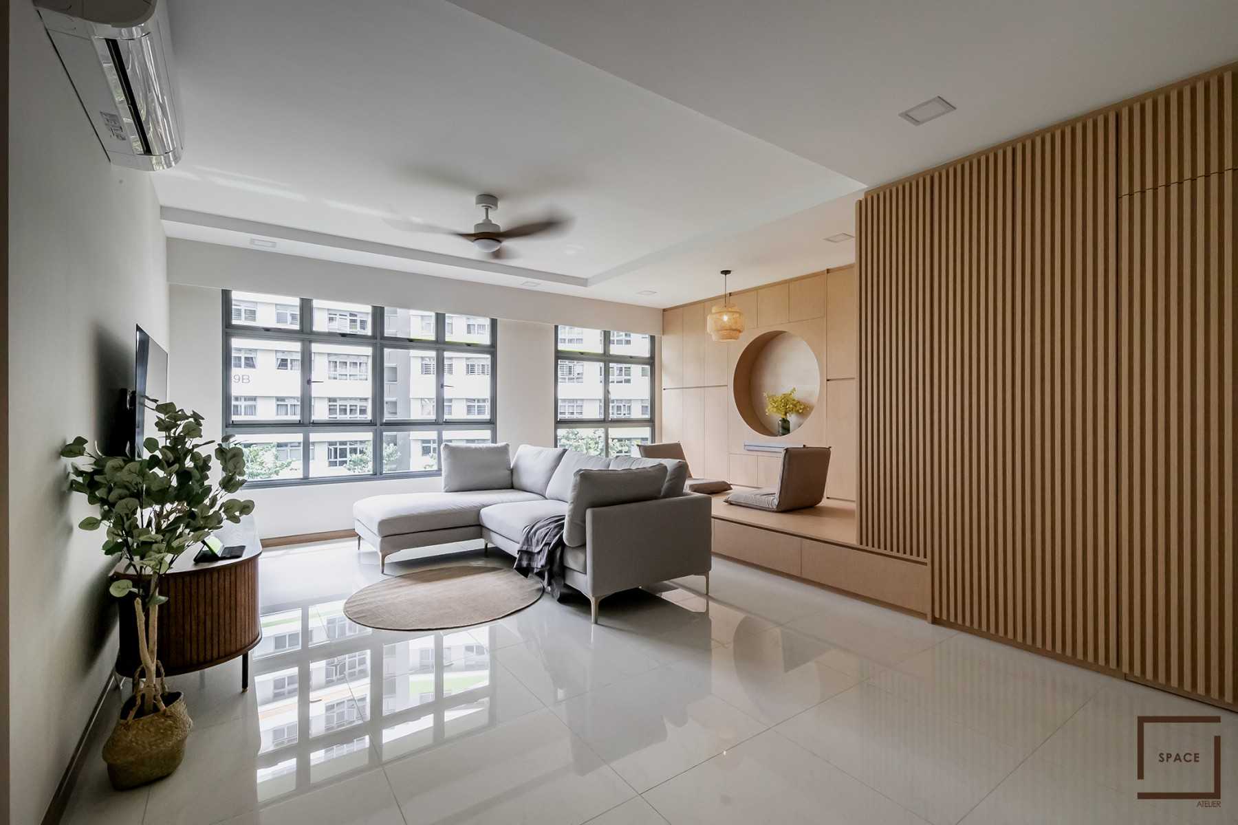 Modern Living Room with Homogeneous Tiles and Feature Wall