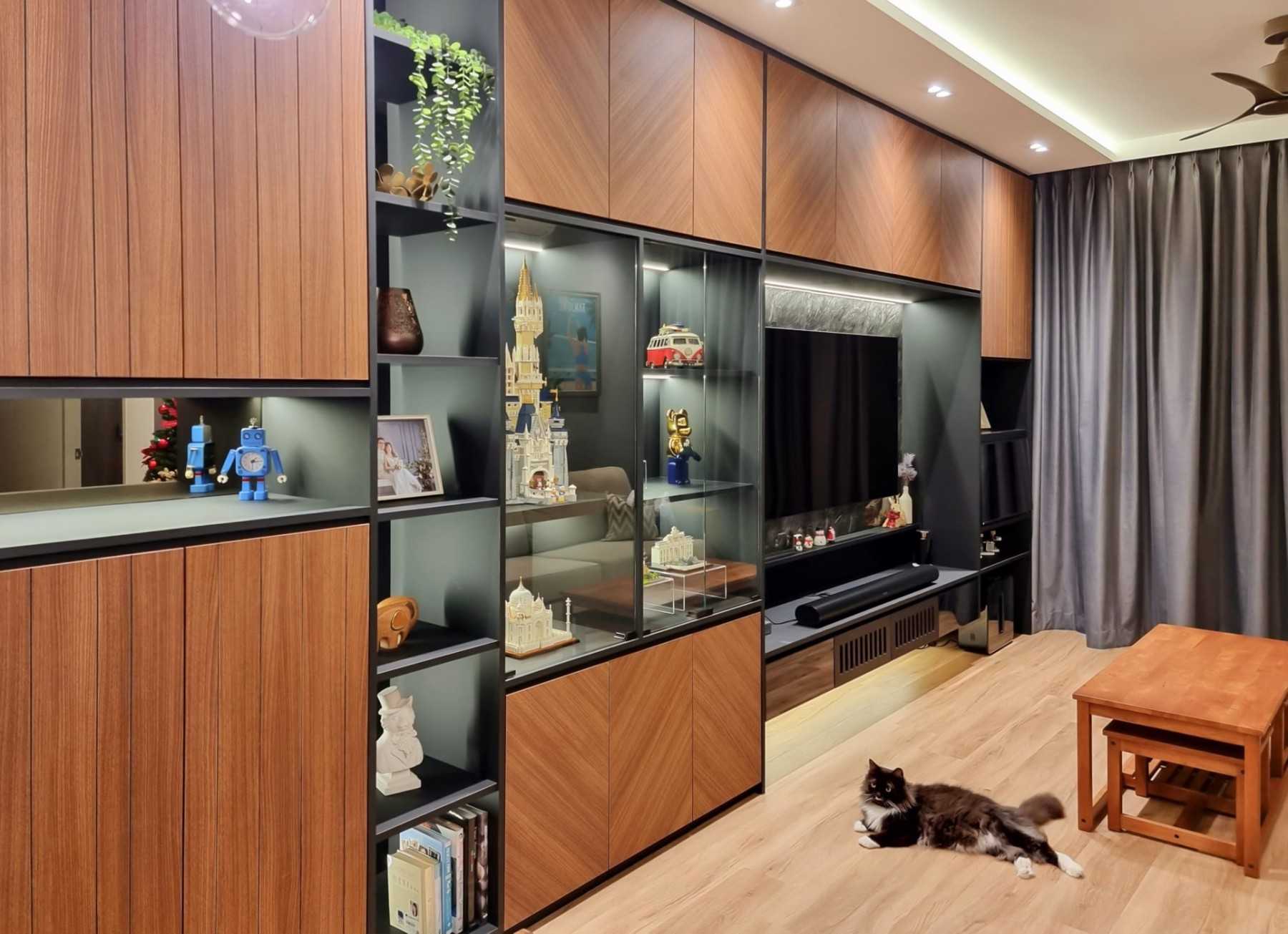 Scandinavian Living Room with Wood Flooring and TV Console