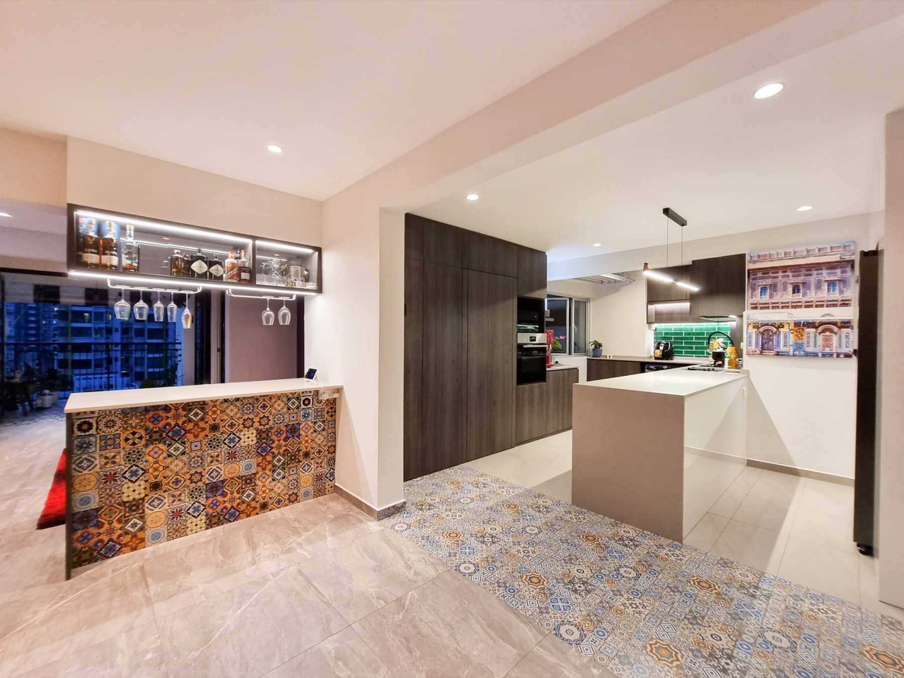 Modern Kitchen with Bar Counter and Kitchen Accessories