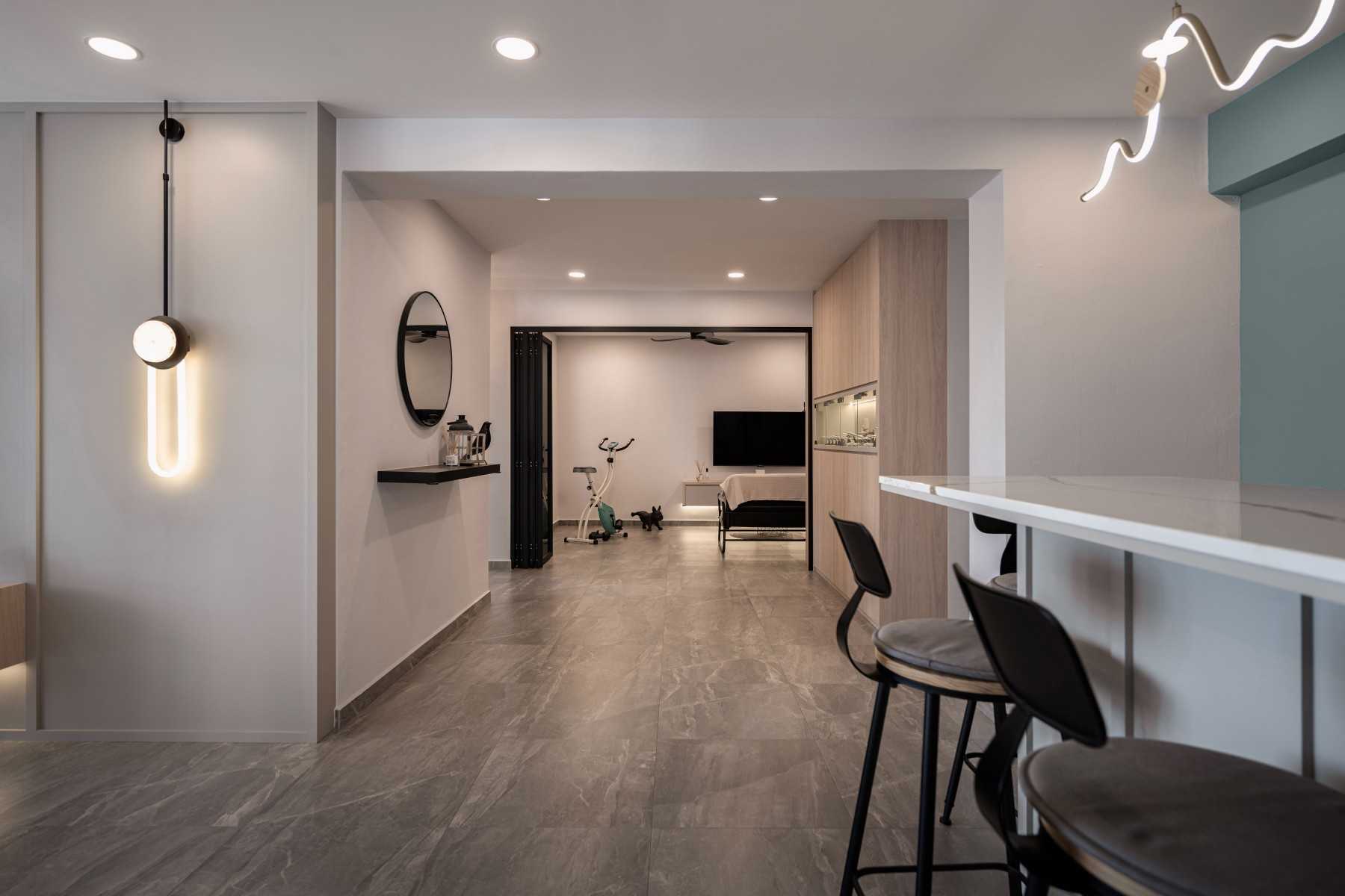 Modern Hallway with Feature Wall and Bar Counter