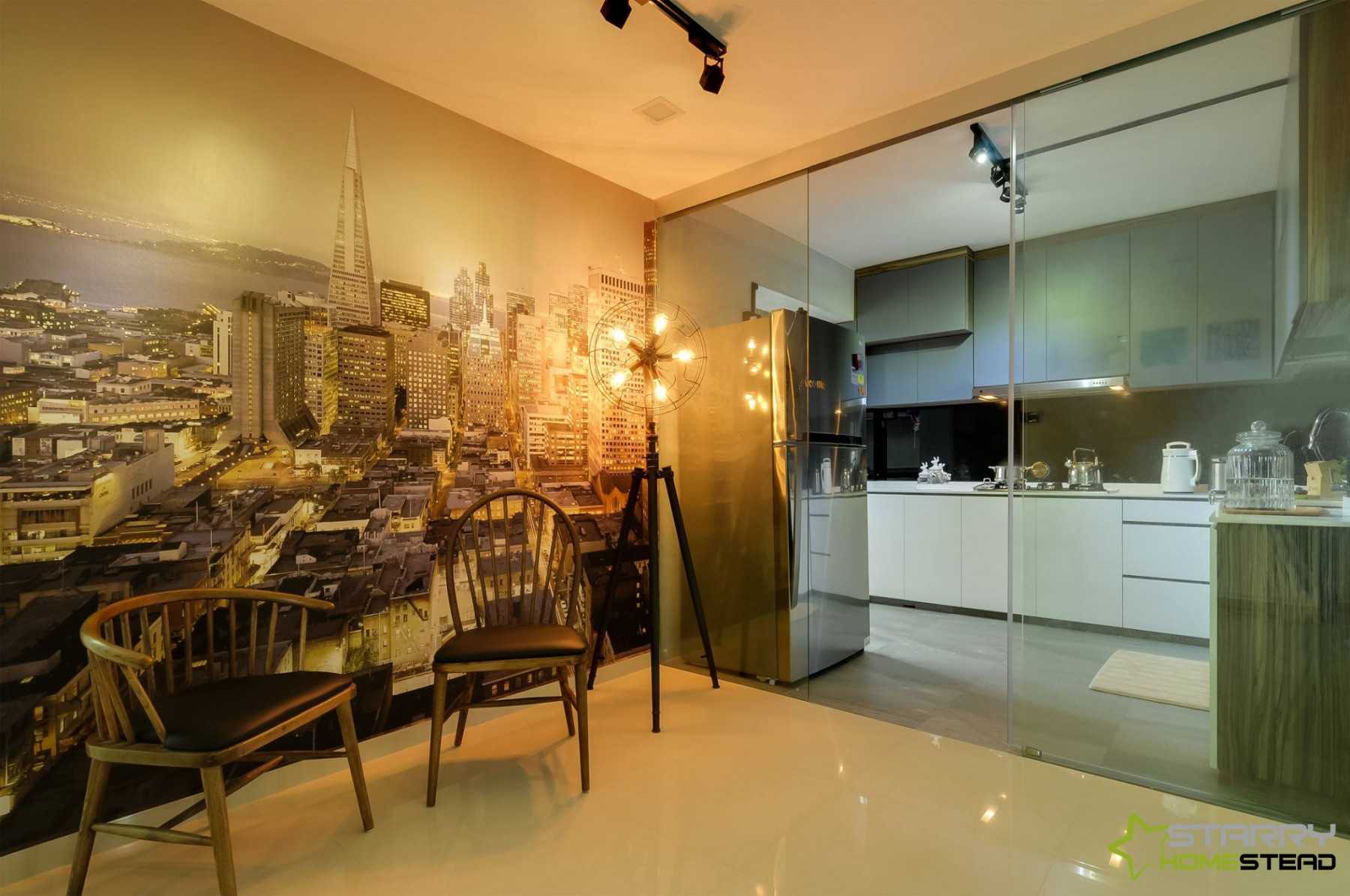 Modern Kitchen with Glass Door and Wallpaper