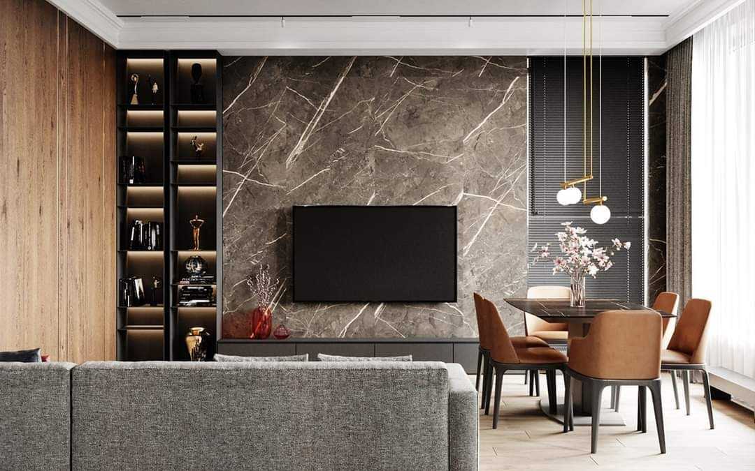 Contemporary Dining Room with TV Console and Feature Wall