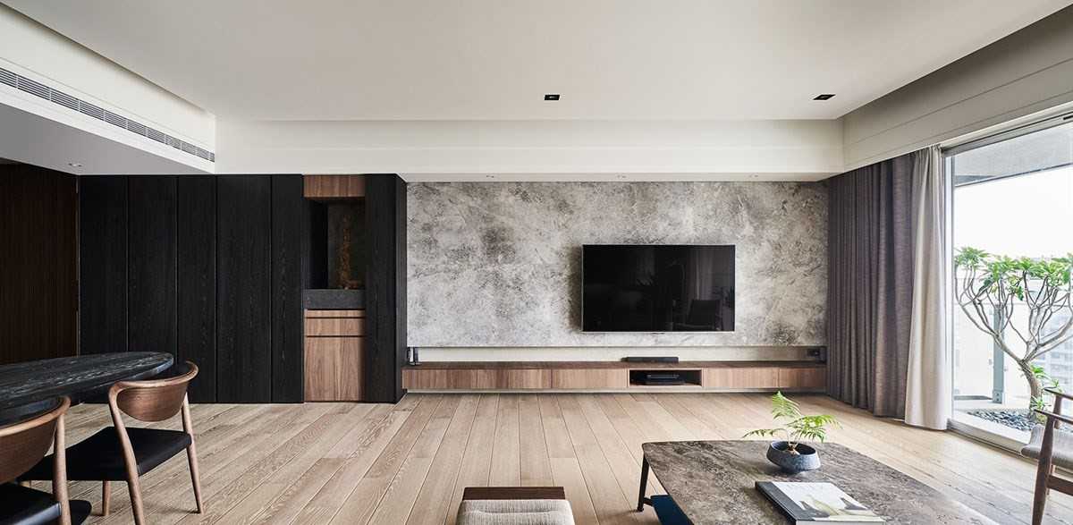 Contemporary Dining Room with Wood Flooring and TV Console