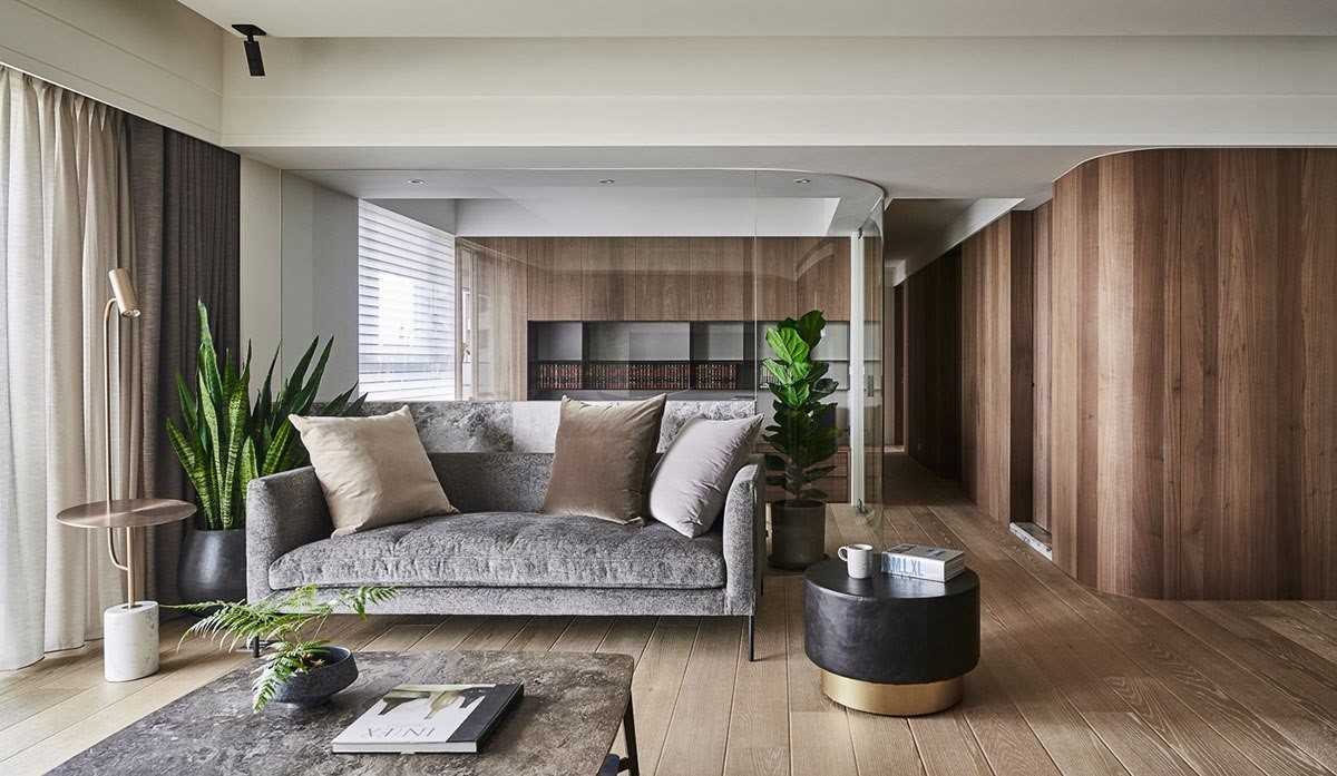 Contemporary Living Room with Wood Flooring and Feature Wall