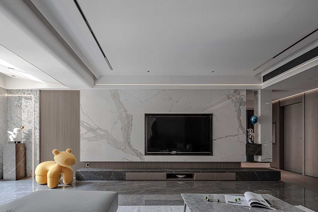 Contemporary Living Room with Homogeneous Tiles and TV Console