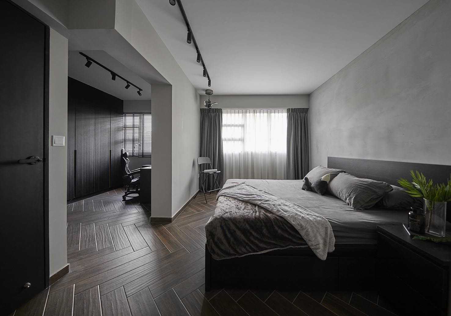 Industrial Bedroom with Ceiling Light and Curtain