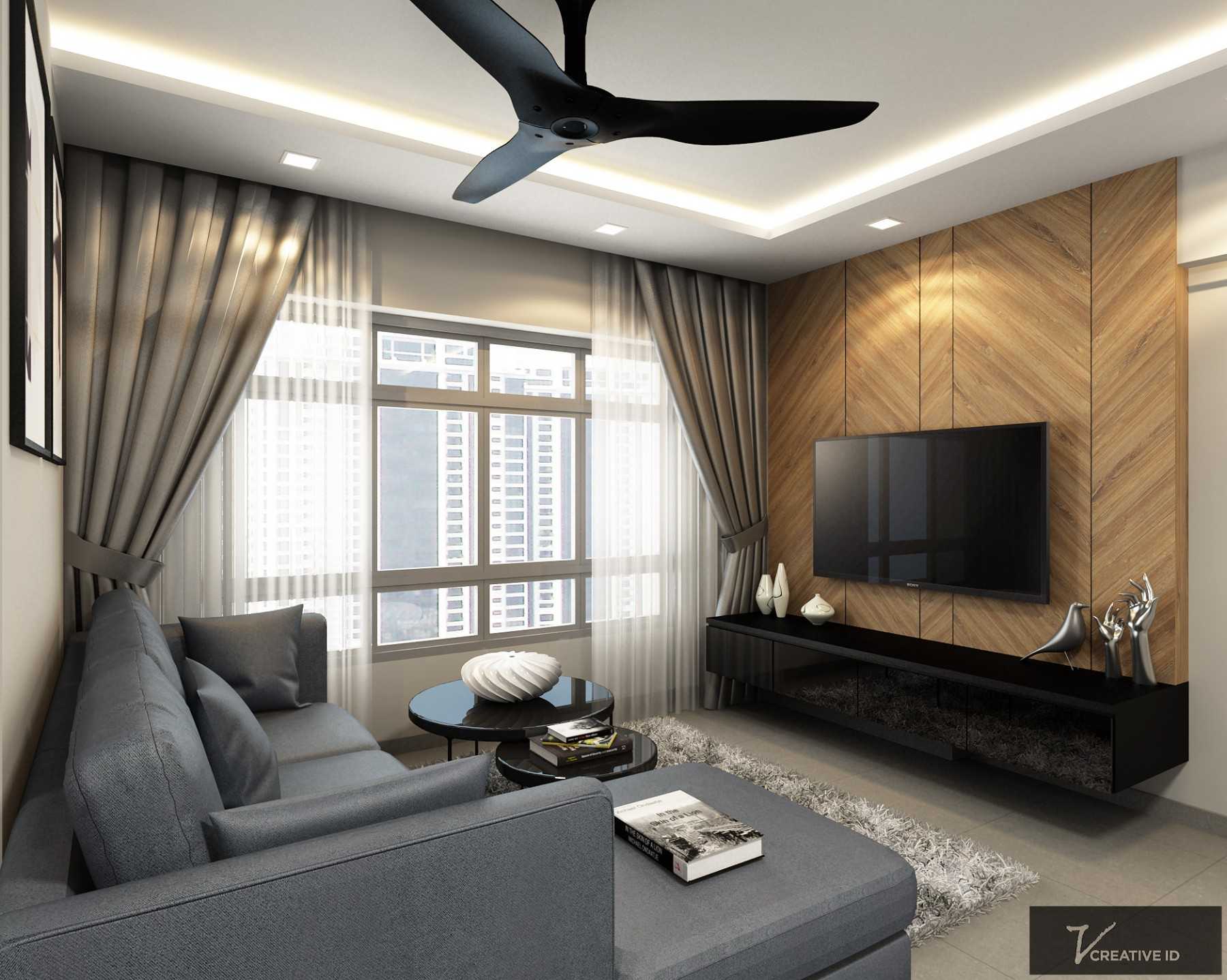 Modern Living Room with Homogeneous Tiles and TV Console