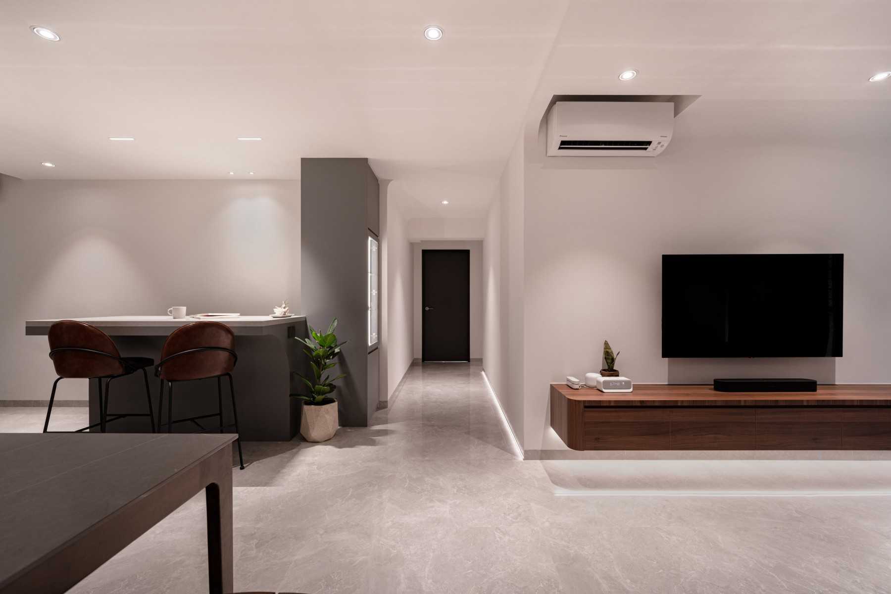Modern Foyer with TV Console and Bar Counter