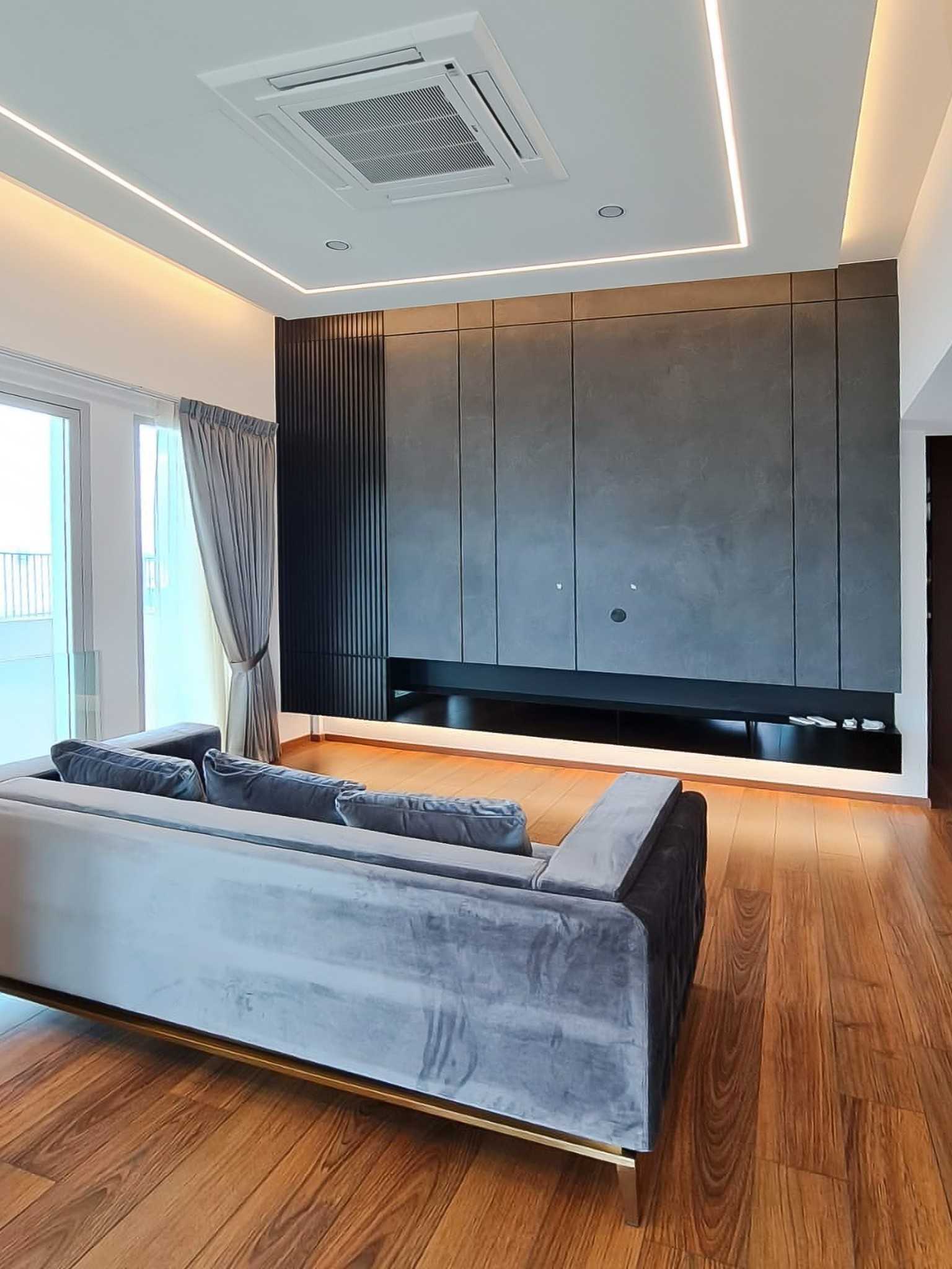 Scandinavian Living Room with TV Console and Window Grille