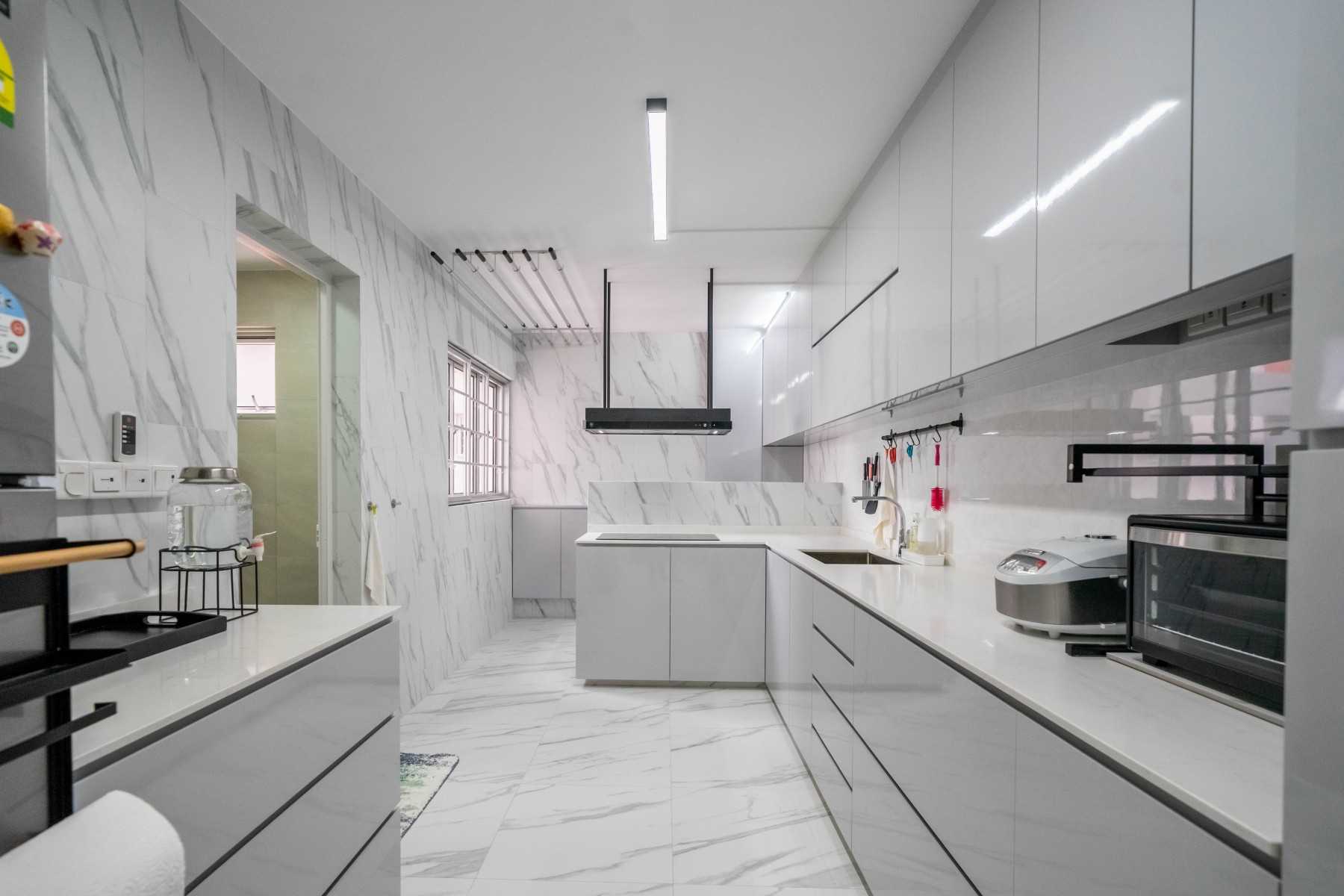 Modern Kitchen with Marble Floor and Kitchen Window