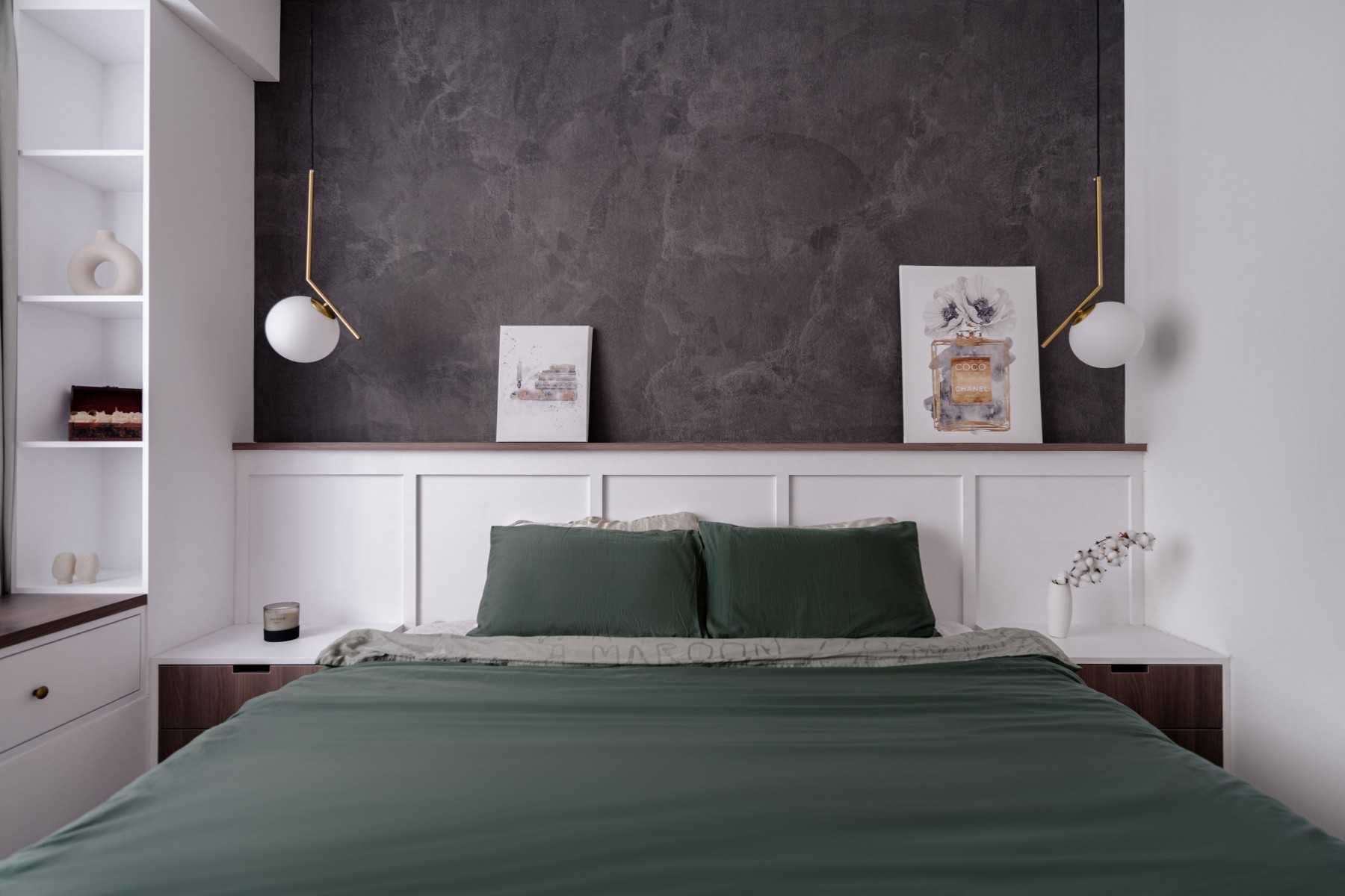 Modern Bedroom with Feature Wall and Drop Light