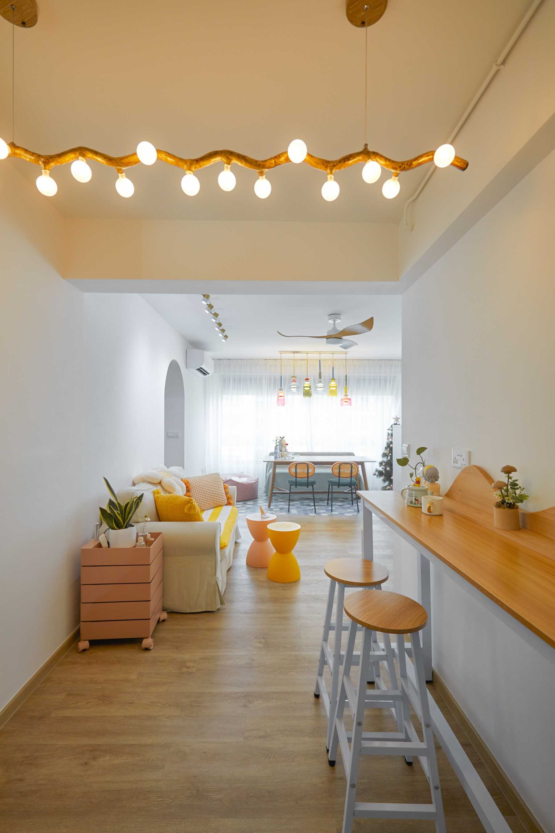 Eclectic Dining Room with Sofa and Dining Table