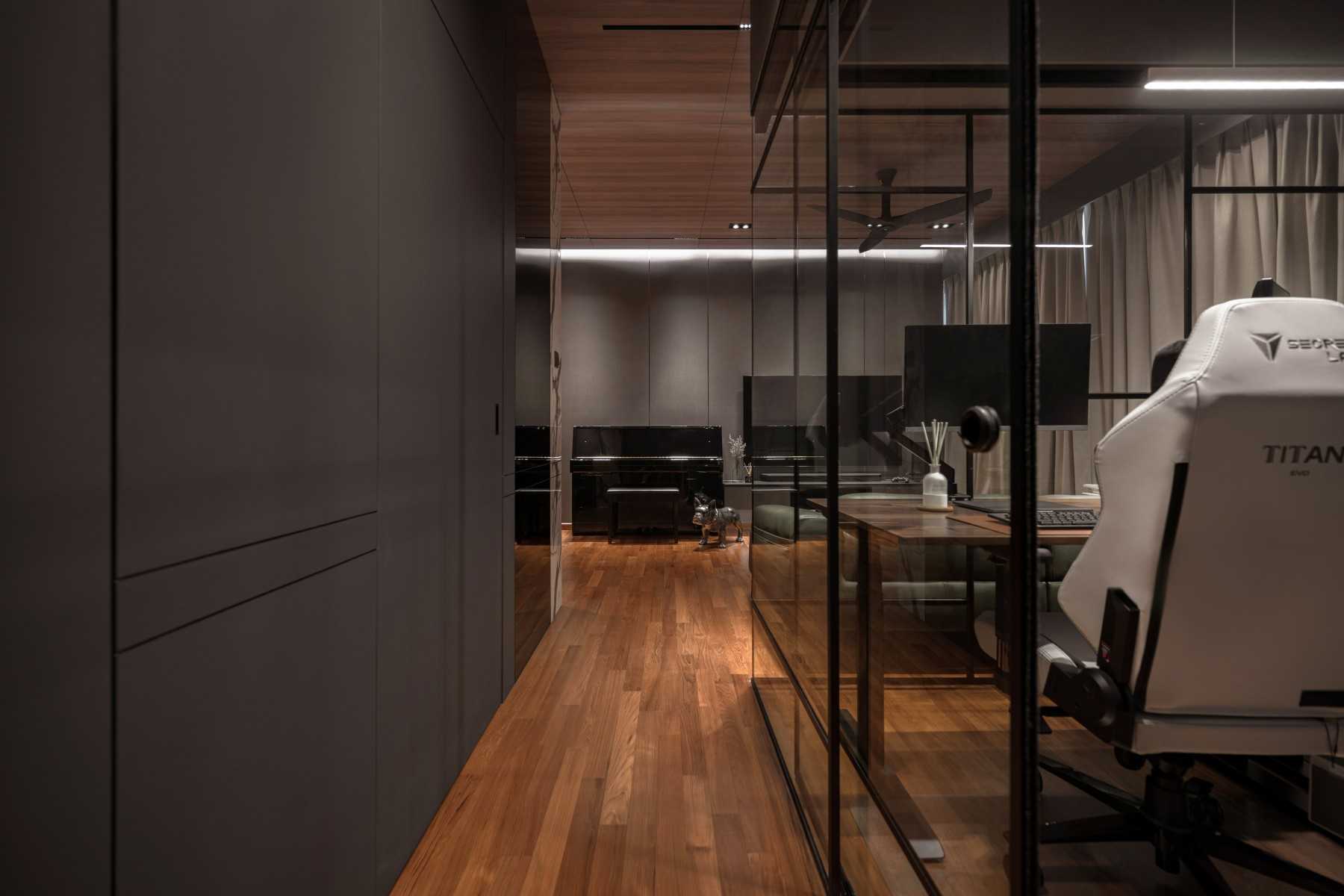 Modern Foyer with Wood Flooring and Storage Cabinets