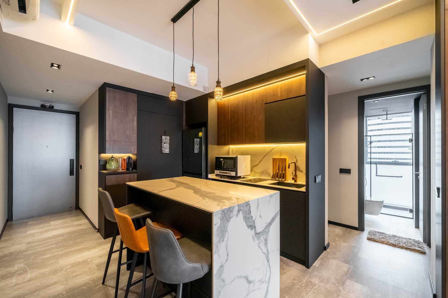 Modern Kitchen with Bookshelf and Kitchen Island