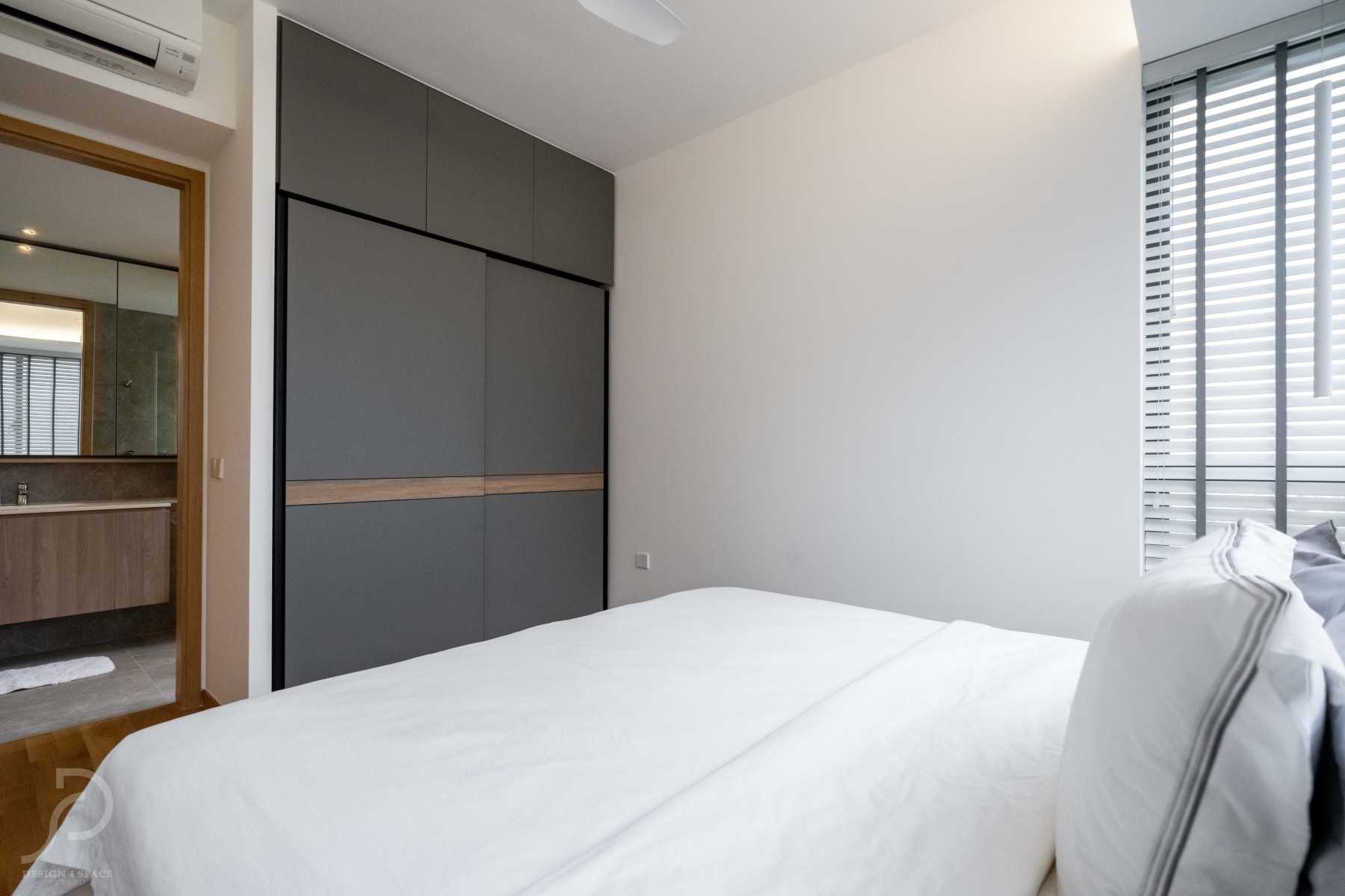 Modern Bedroom with Wood Flooring and Built-in Bed