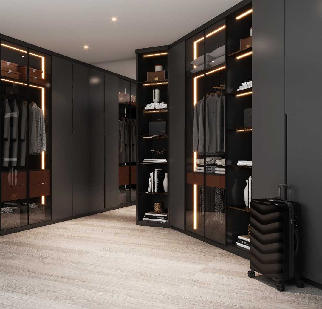 Modern Walk-in Wardrobe with Mirror and Drop Ceiling