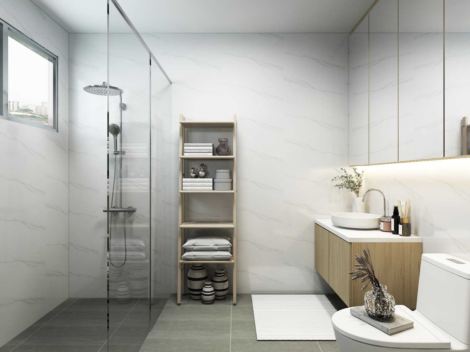 Scandinavian Bathroom with Countertop and Granite Floor