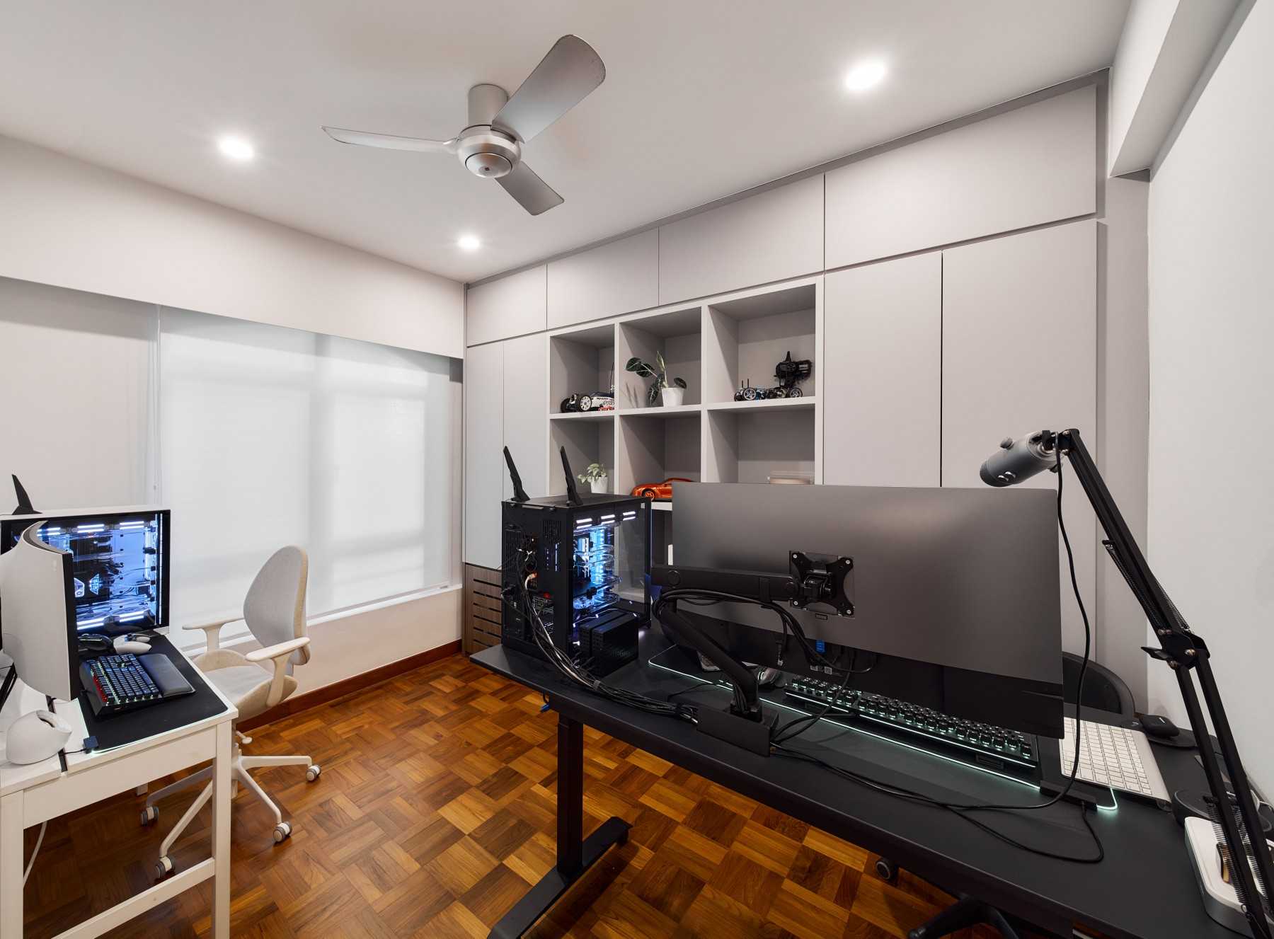 Contemporary Workstation with Ceiling Fan and Storage Cabinets