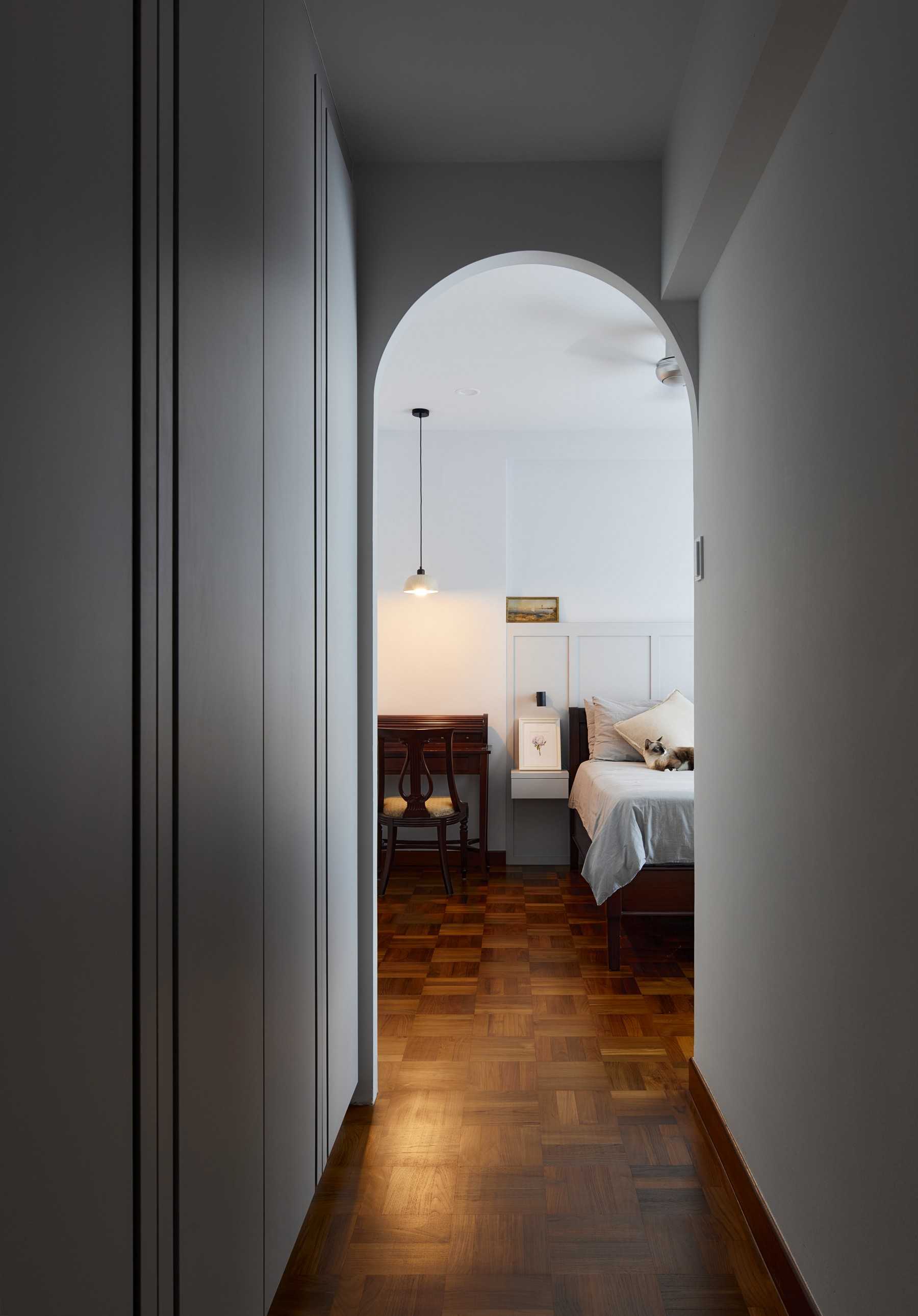 Contemporary Bedroom with Parquet Floor and Drop Light
