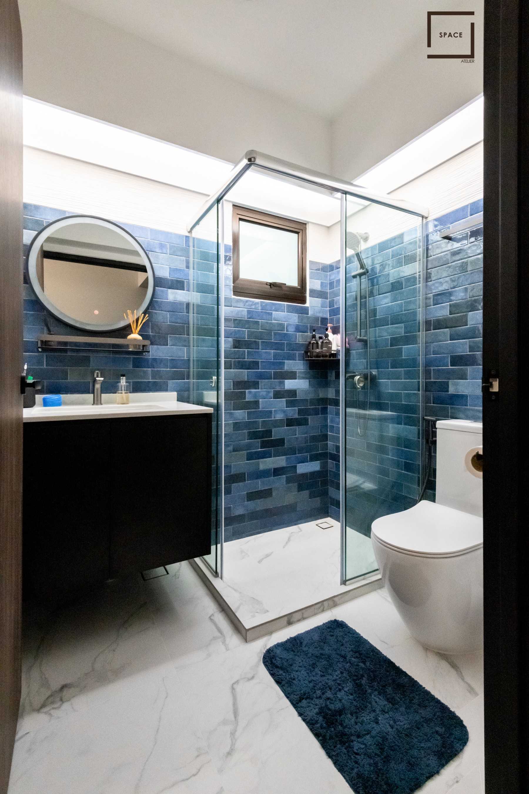 Contemporary Bathroom with Bathroom Storage and Showers