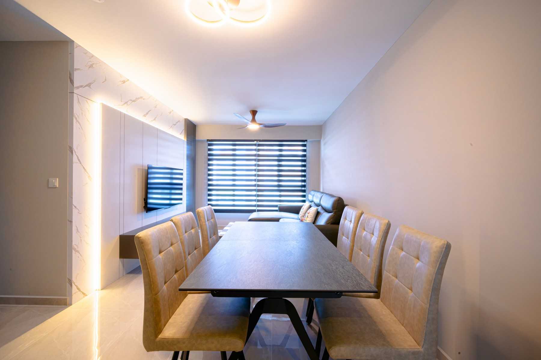 Contemporary Living Room with Feature Wall and Roller Blinds