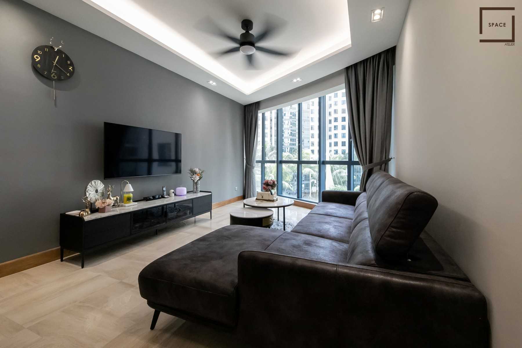 Contemporary Living Room with Homogeneous Tiles and Ceiling Light