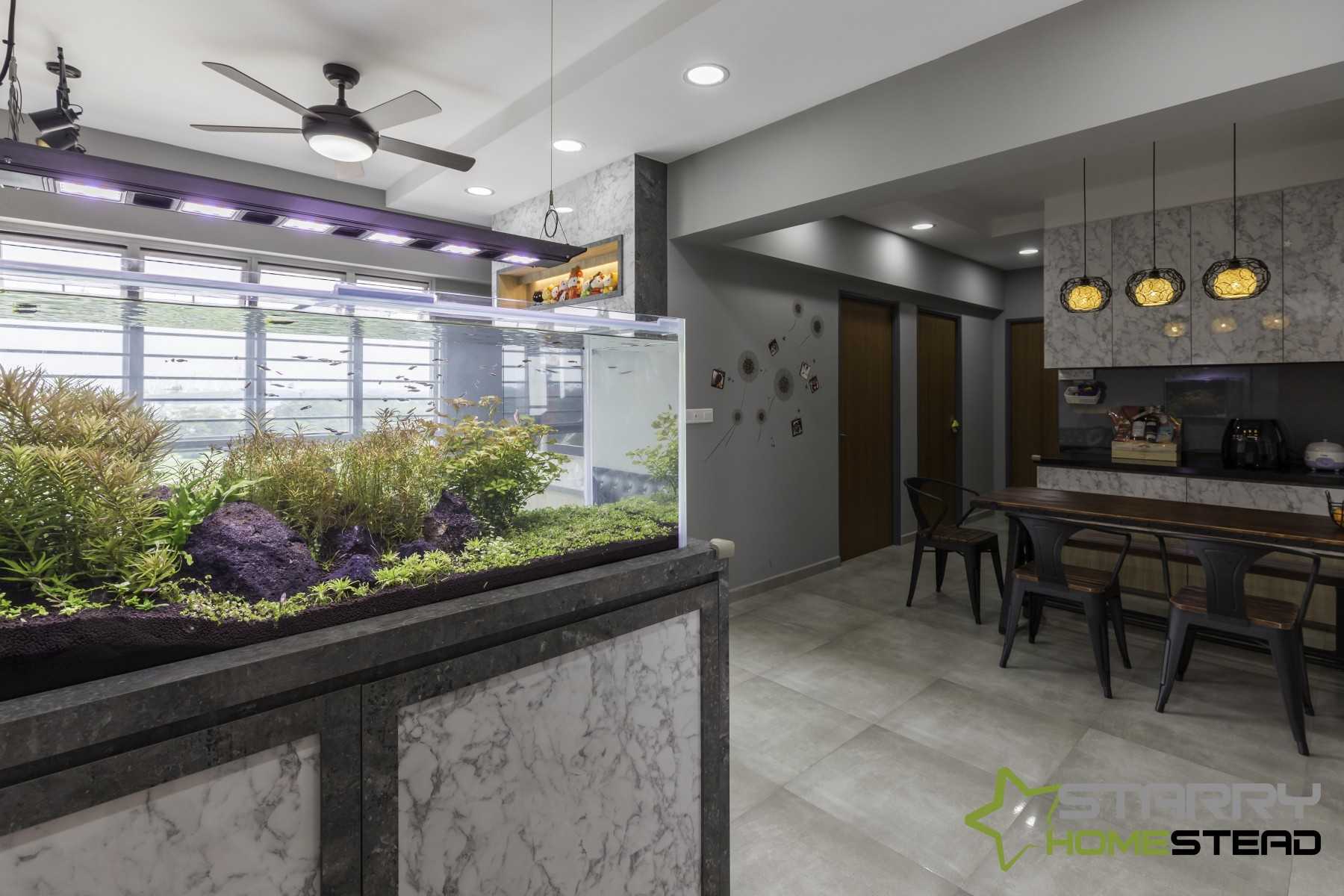 Industrial Entryway with Aquarium and Storage Cabinets