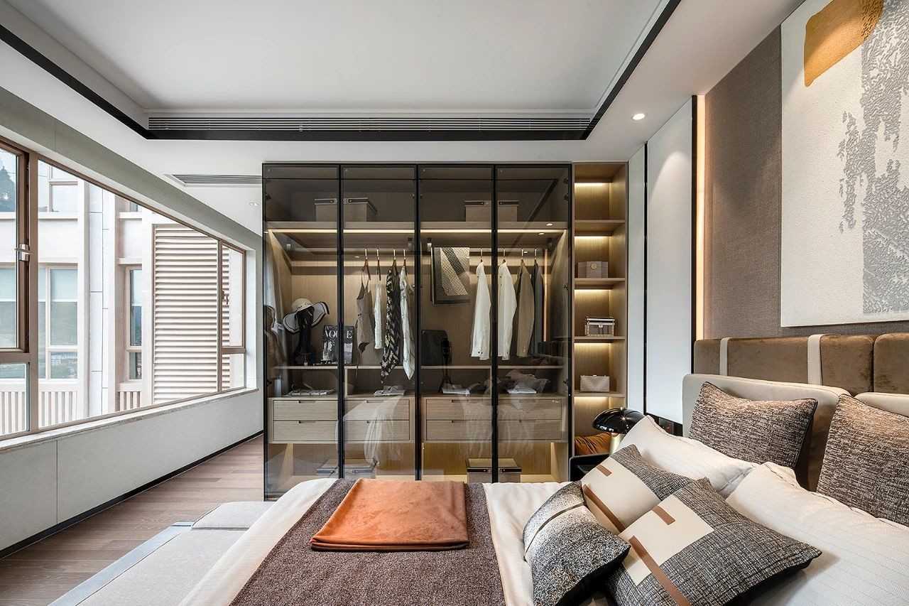 Contemporary Bedroom with Parquet Floor and Drop Ceiling