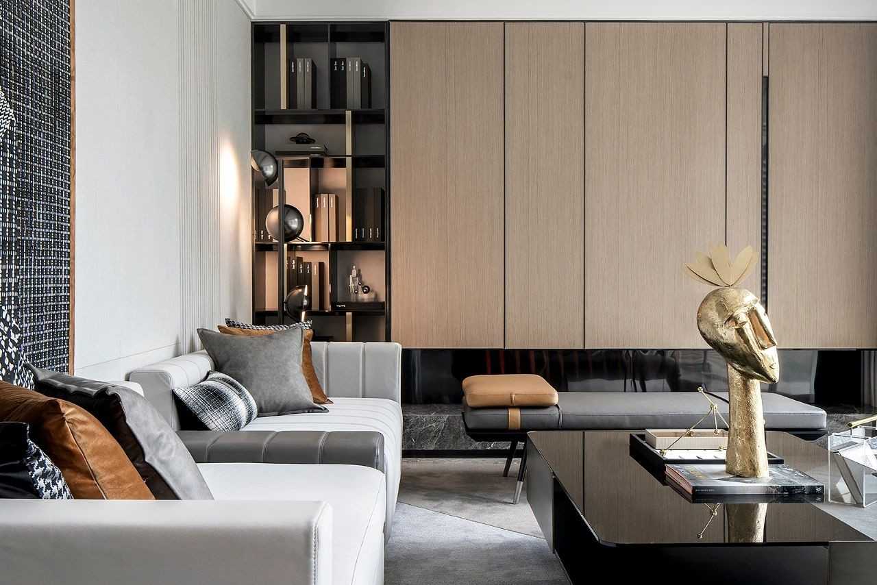 Contemporary Living Room with Bookshelf and Homogeneous Tiles
