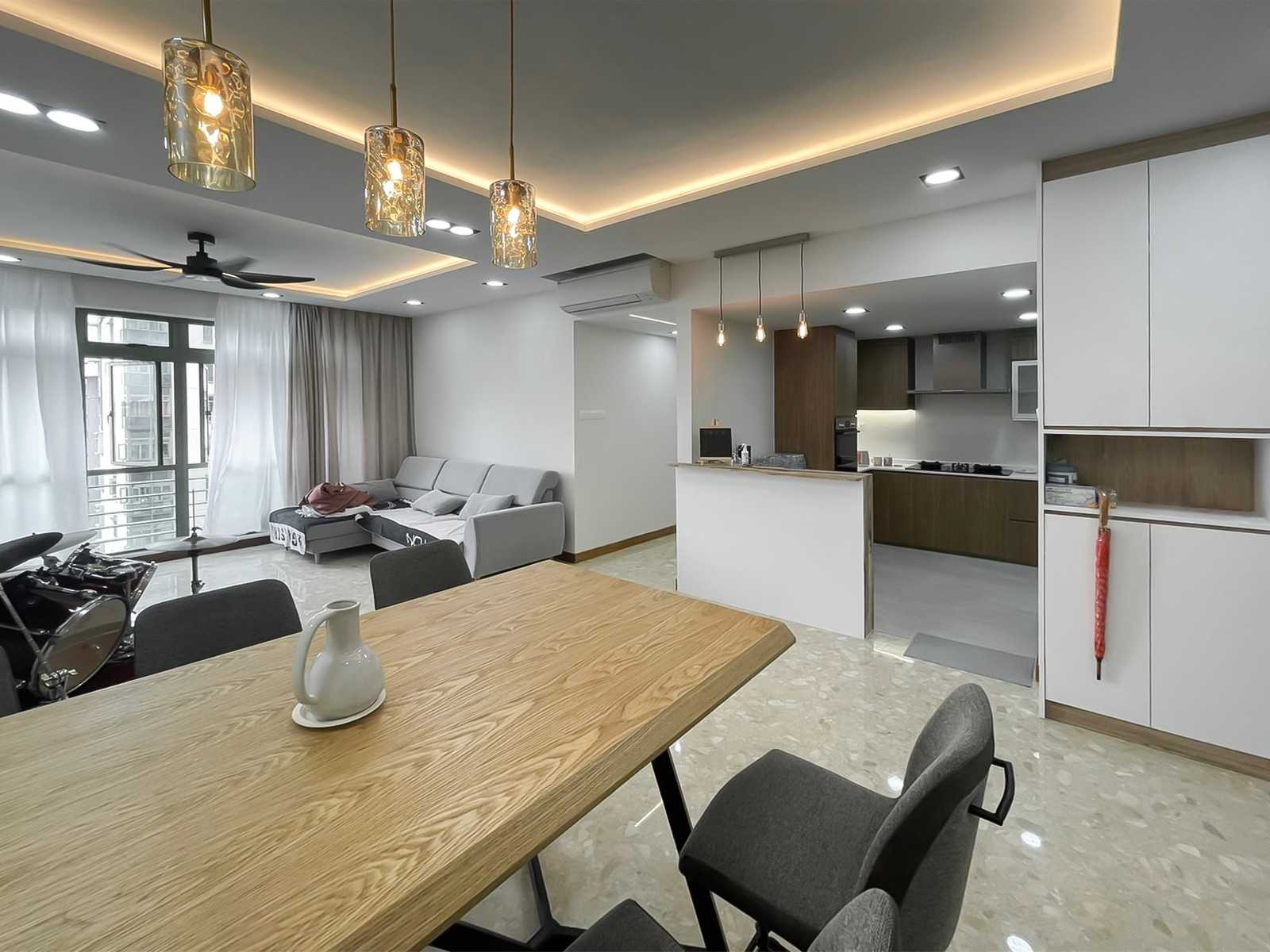 Scandinavian Dining Room with Dining Table and Storage Cabinets