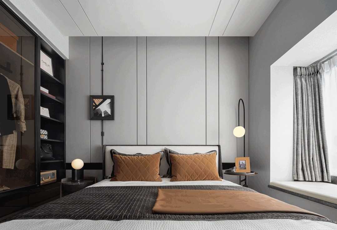 Contemporary Bedroom with Bay Window and Drop Ceiling