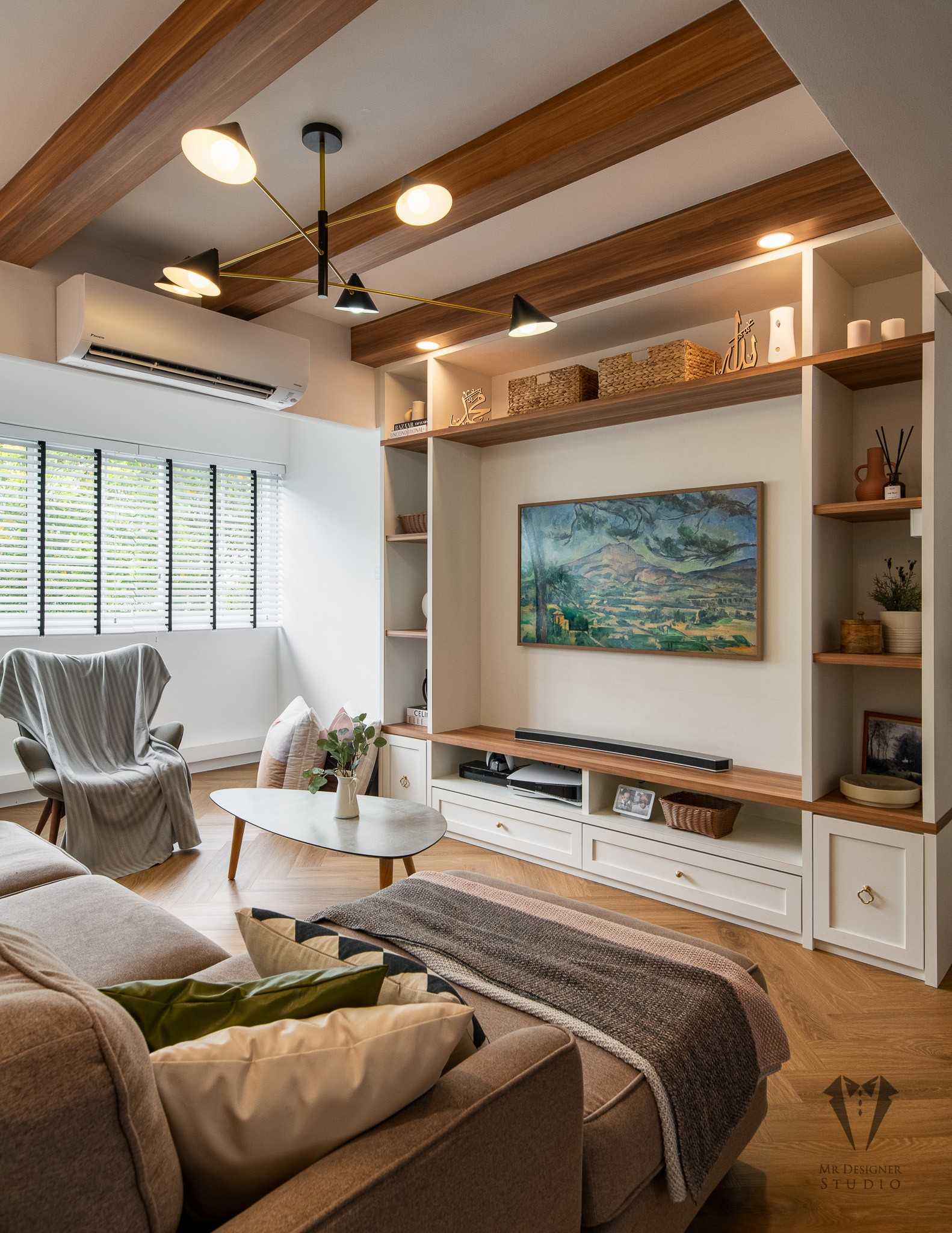 Country Living Room with Bookshelf and Vinyl Flooring