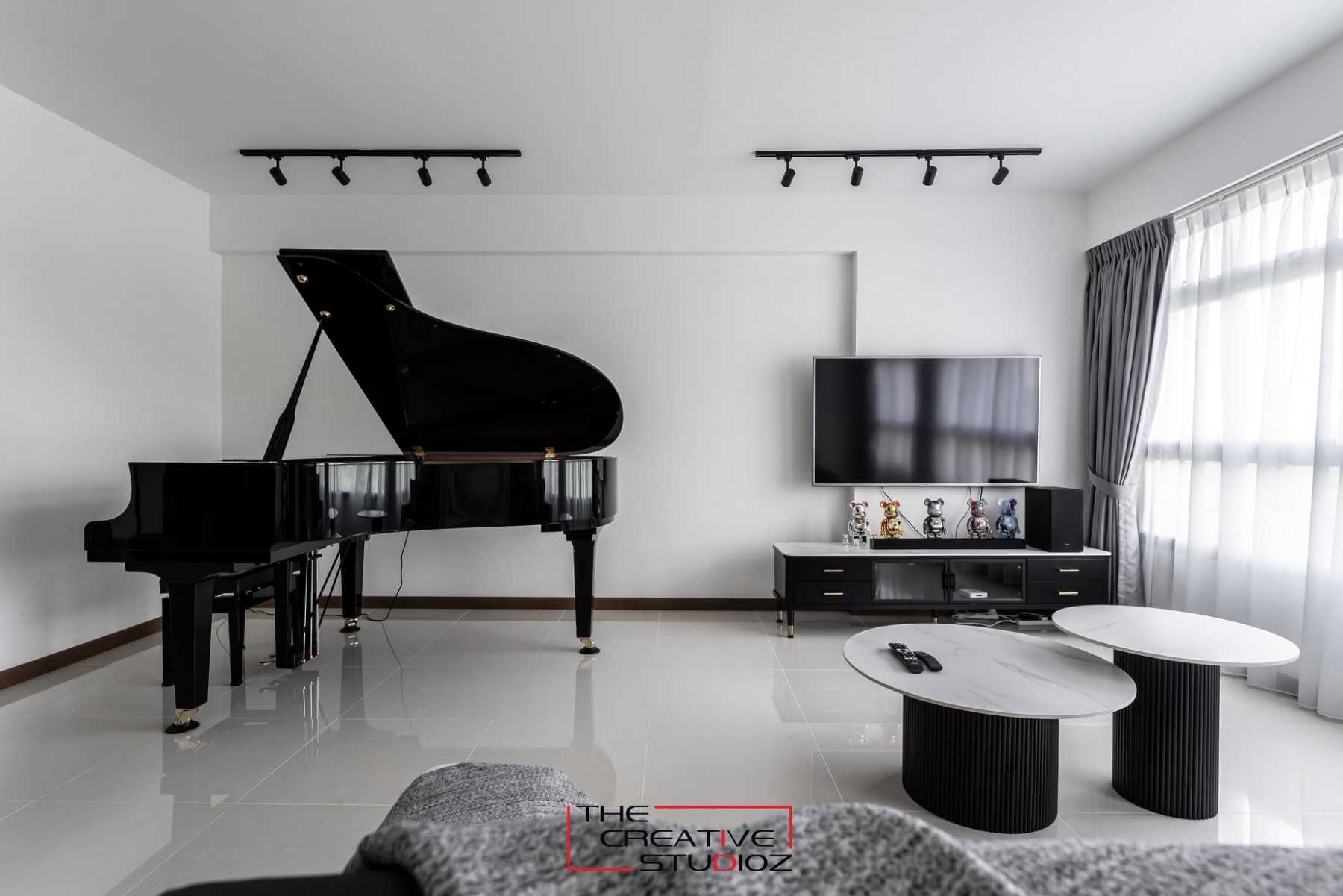 Modern Living Room with Homogeneous Tiles and TV Console