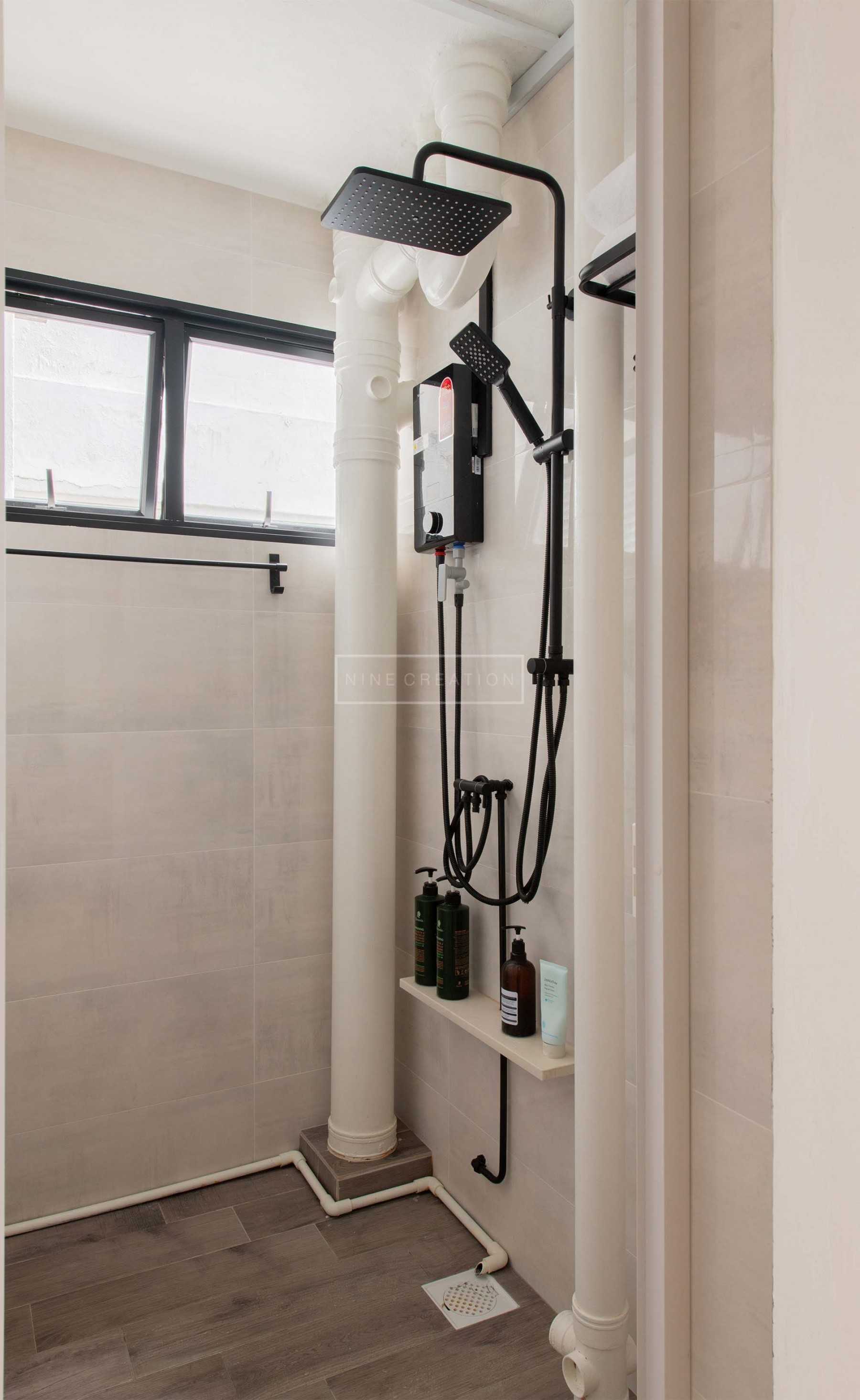Scandinavian Bathroom with Rainshower and Wall Shelves