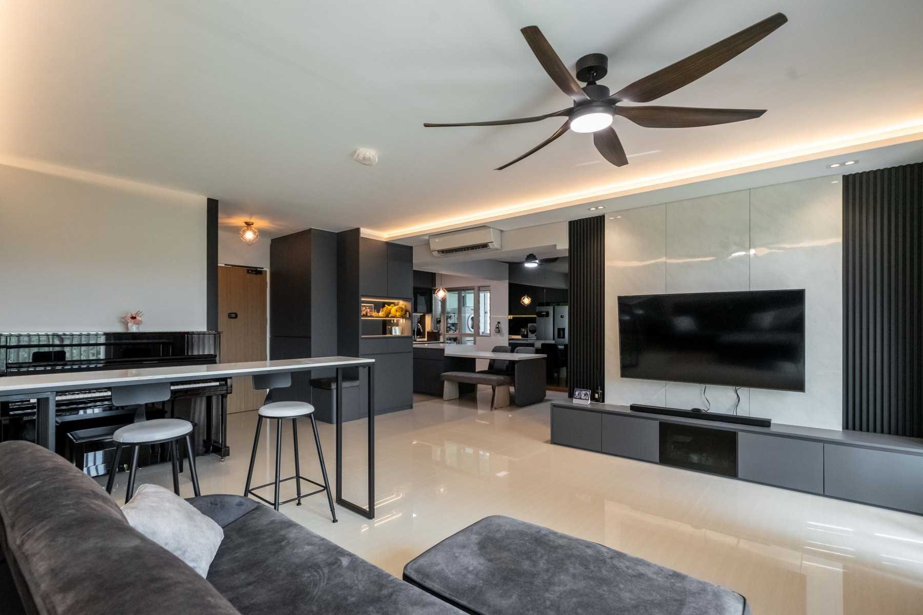 Modern Living Room with Homogeneous Tiles and TV Console