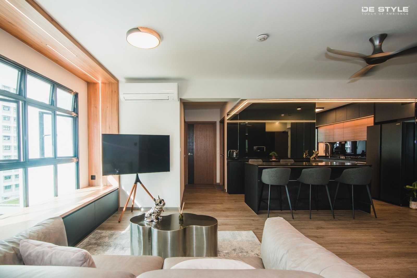 Contemporary Living Room with Wood Flooring and Bay Window