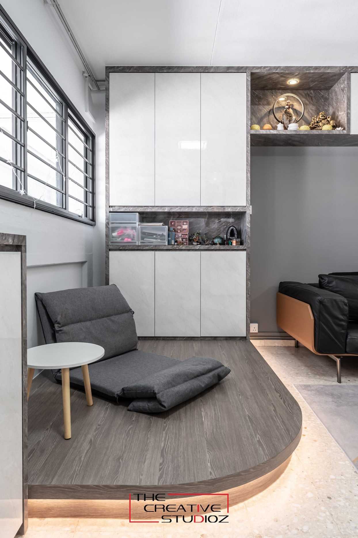 Modern Living Room with Homogeneous Tiles and TV Console