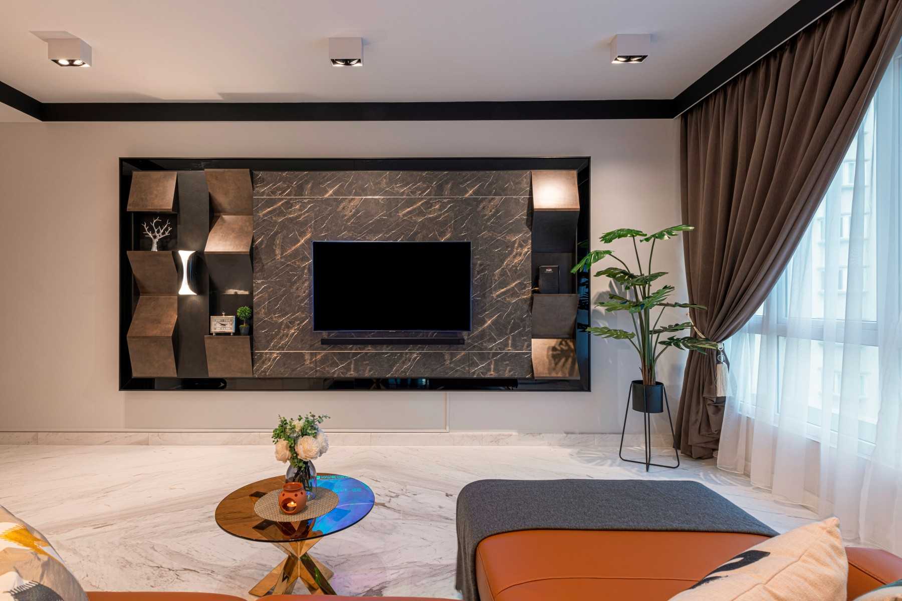 Modern Living Room with Marble Floor and Feature Wall